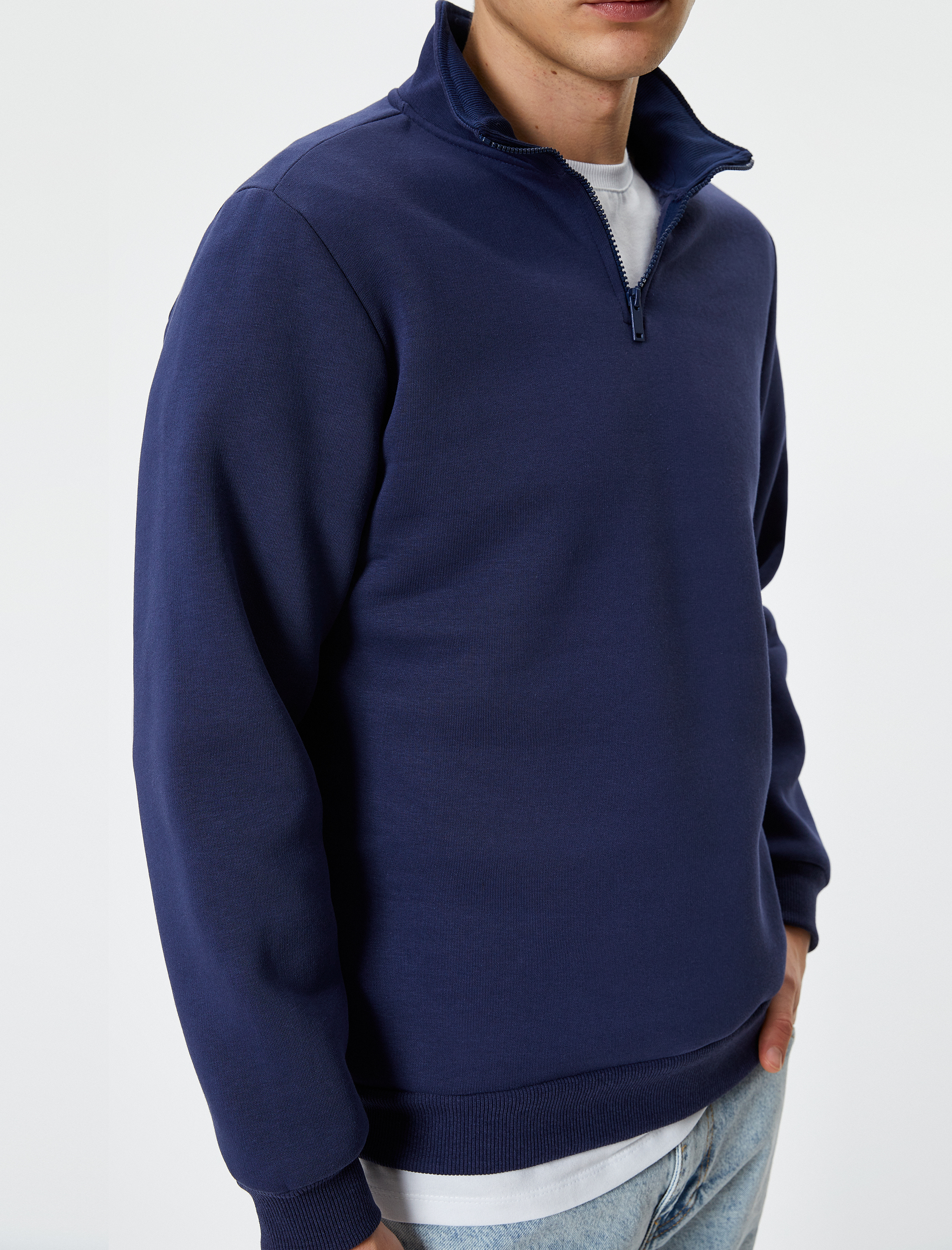   Yarım Fermuarlı Sweatshirt Basic Dik Yaka Ribanalı Uzun Kollu Şardonlu