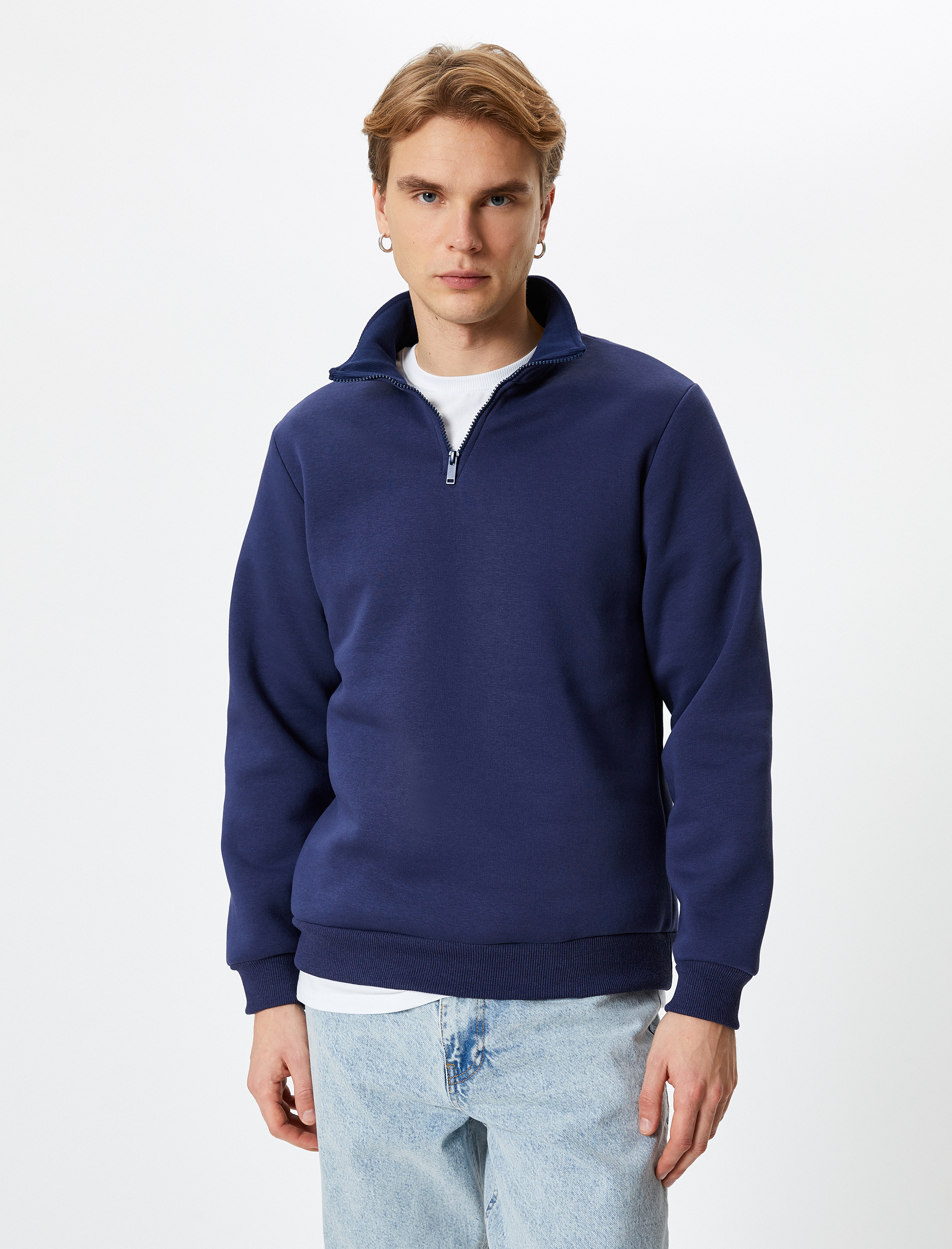   Yarım Fermuarlı Sweatshirt Basic Dik Yaka Ribanalı Uzun Kollu Şardonlu