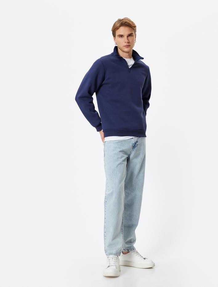  Yarım Fermuarlı Sweatshirt Basic Dik Yaka Ribanalı Uzun Kollu Şardonlu