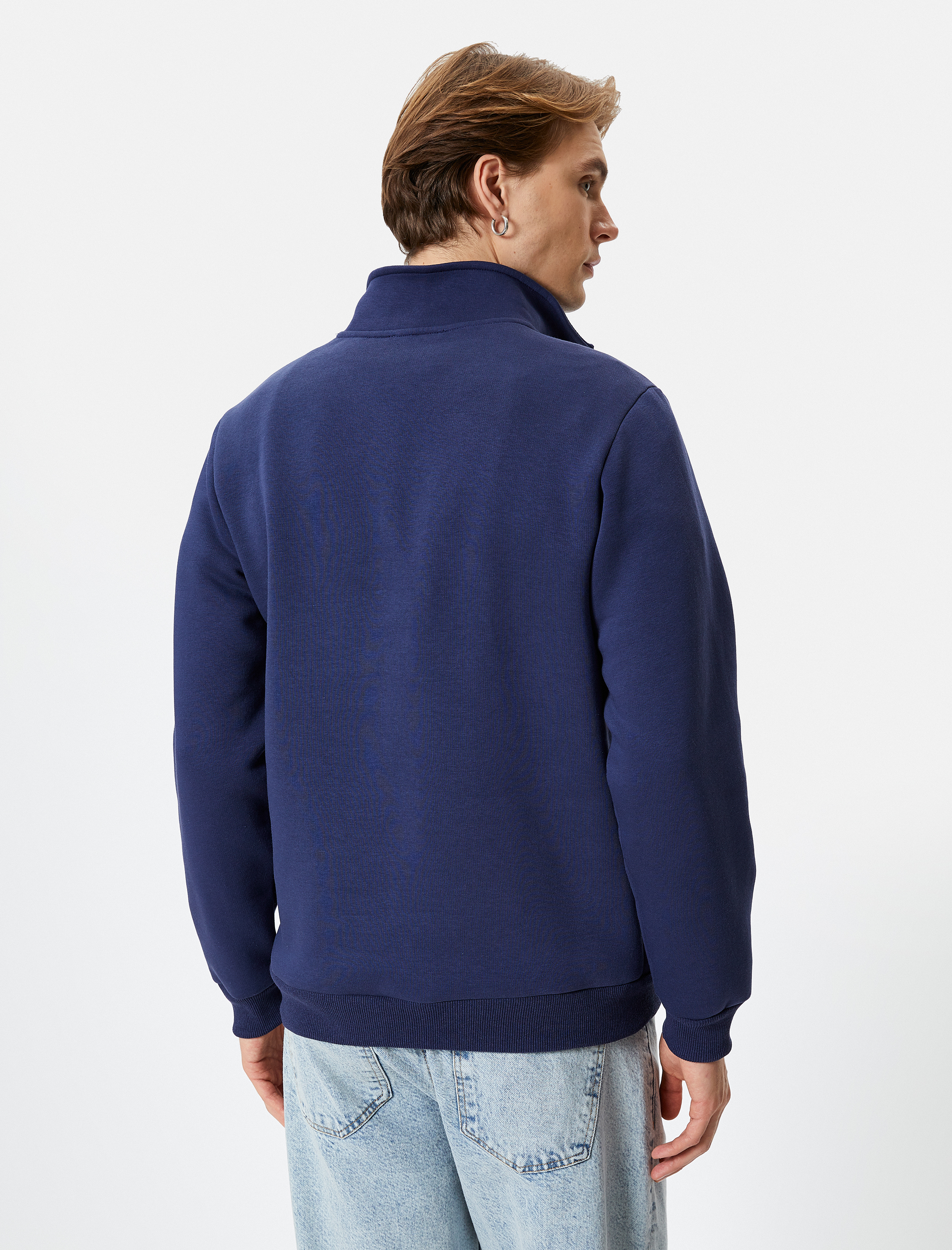   Yarım Fermuarlı Sweatshirt Basic Dik Yaka Ribanalı Uzun Kollu Şardonlu