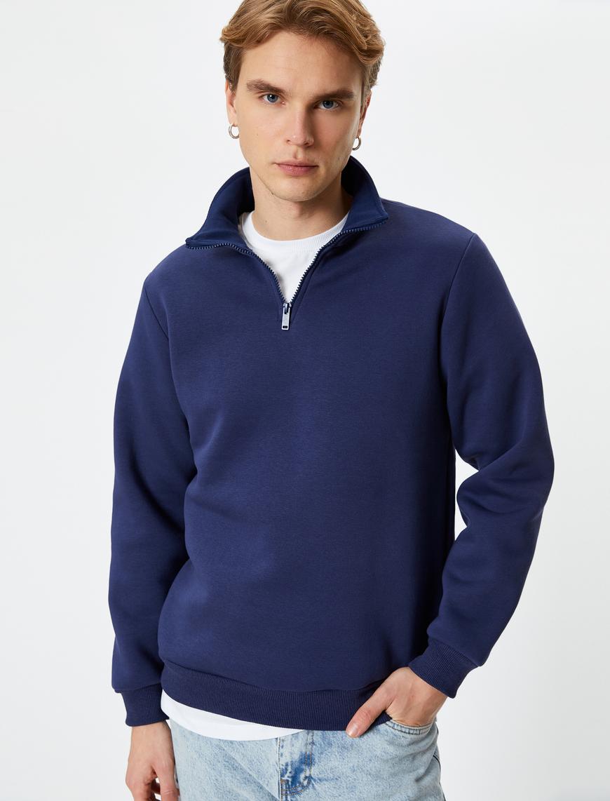   Yarım Fermuarlı Sweatshirt Basic Dik Yaka Ribanalı Uzun Kollu