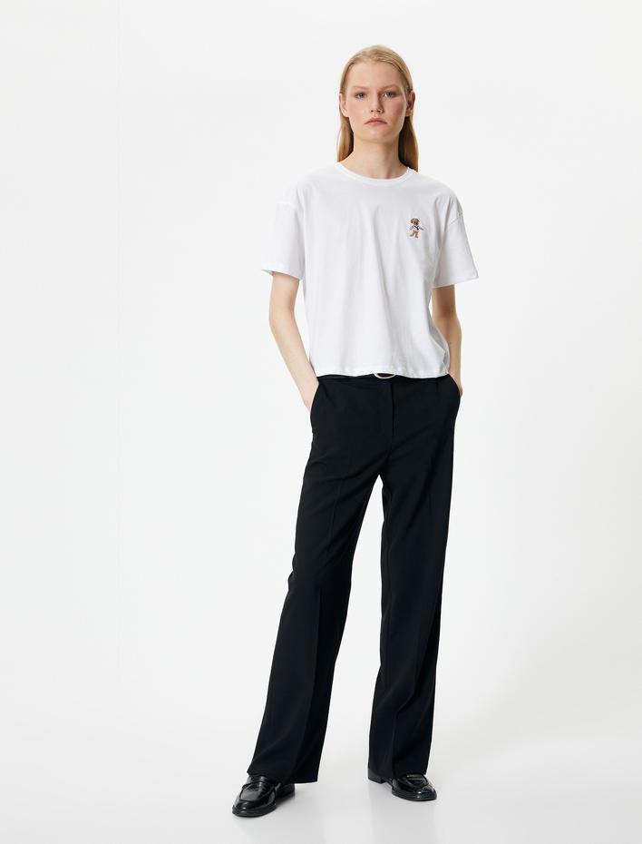  Kısa Kollu Tişört Bisiklet Yaka Nakışlı Pamuklu