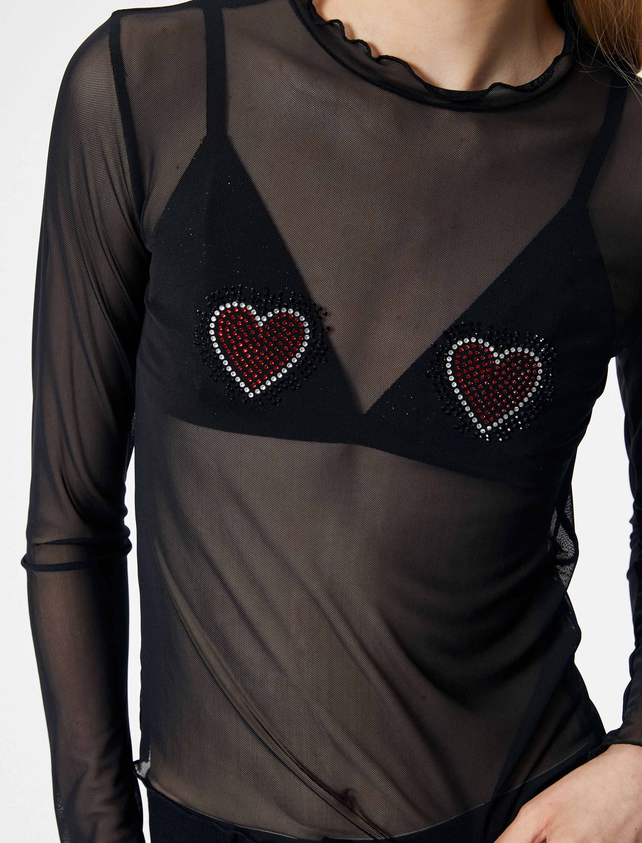   Transparan Tişört Kalp Taş İşlemeli Uzun Kollu Fırfırlı