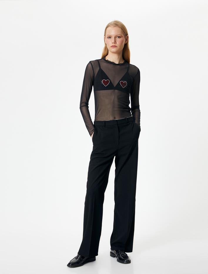  Transparan Tişört Kalp Taş İşlemeli Uzun Kollu Fırfırlı