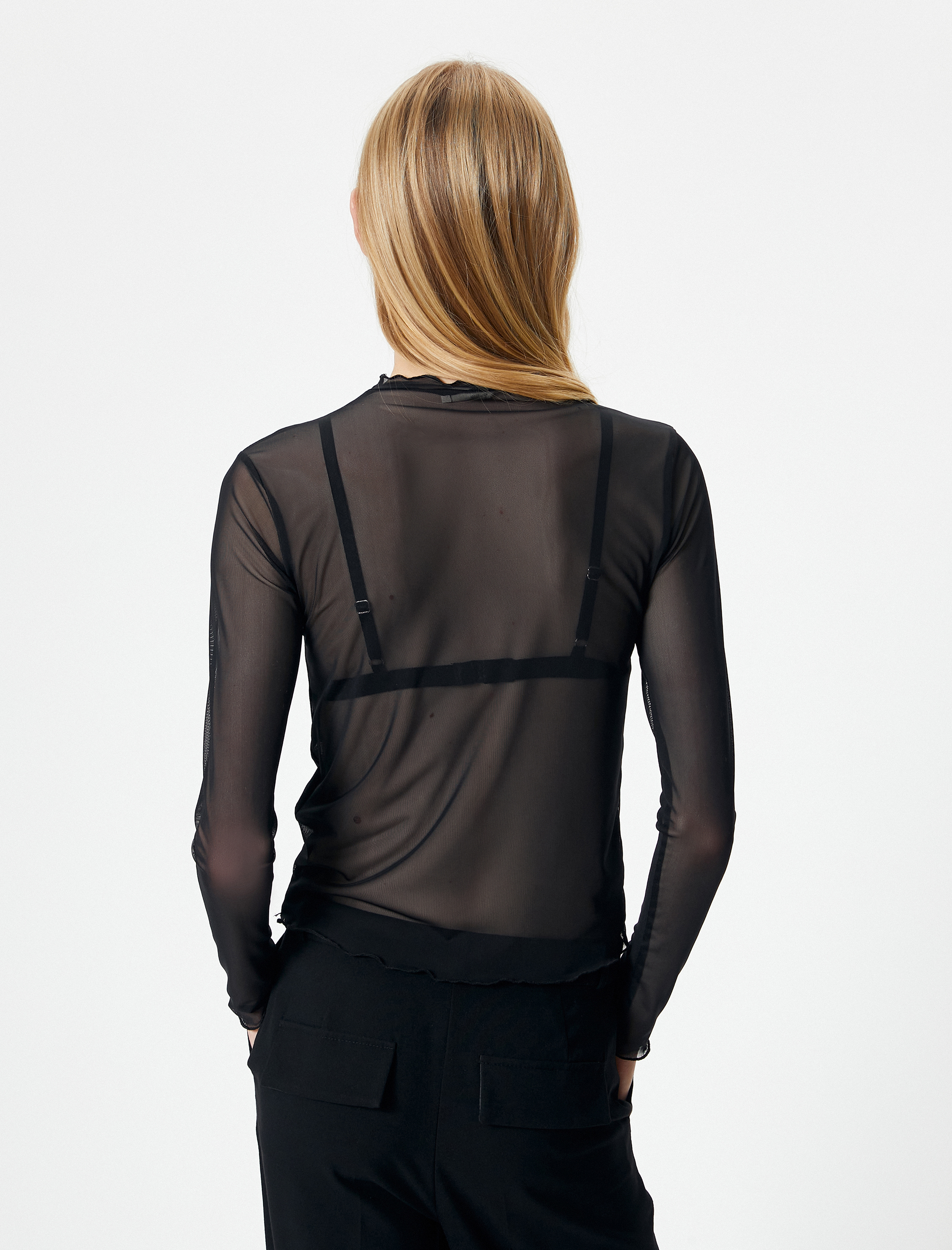   Transparan Tişört Kalp Taş İşlemeli Uzun Kollu Fırfırlı