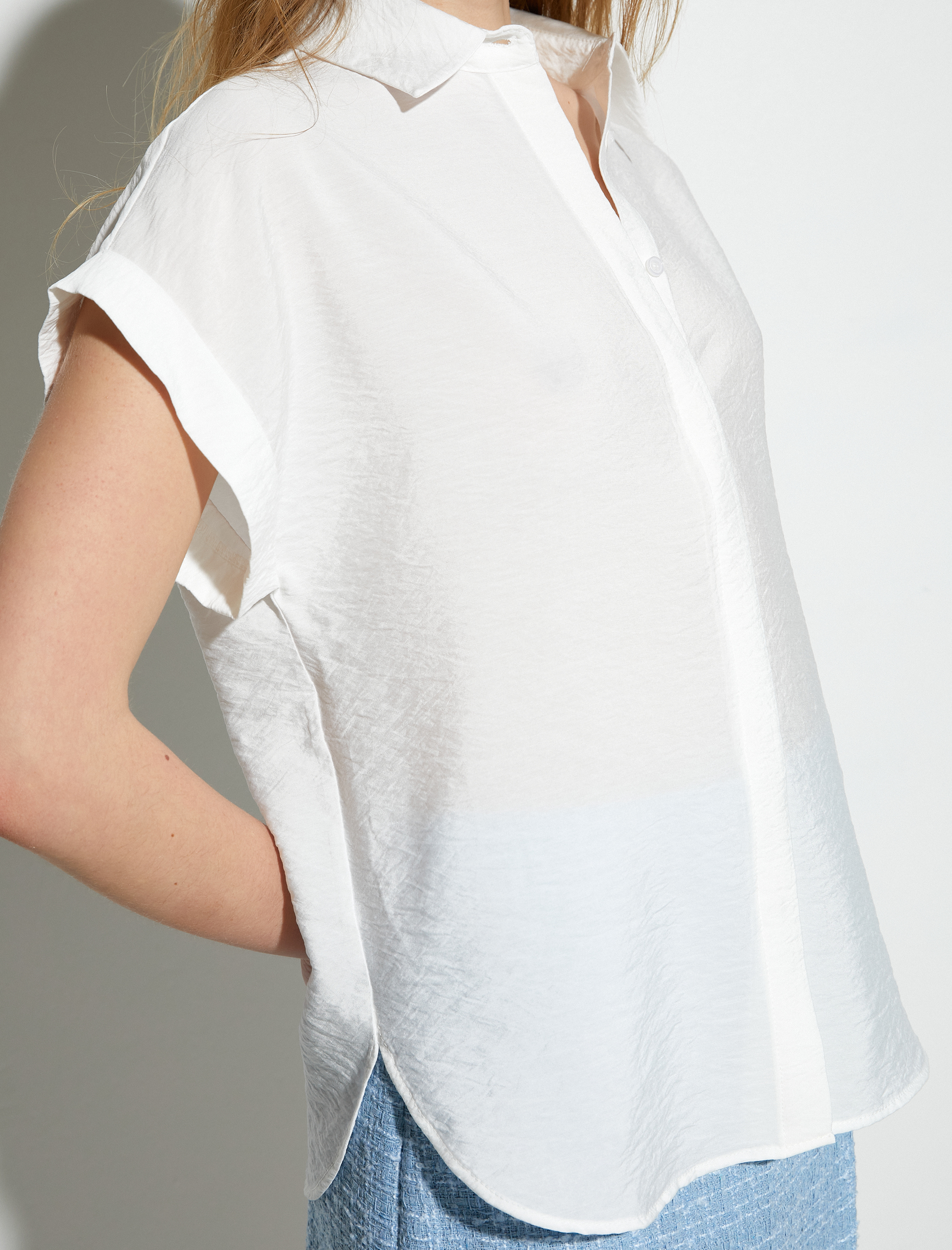   Kısa Kollu Gömlek Viskon Klasik Yaka Dokulu