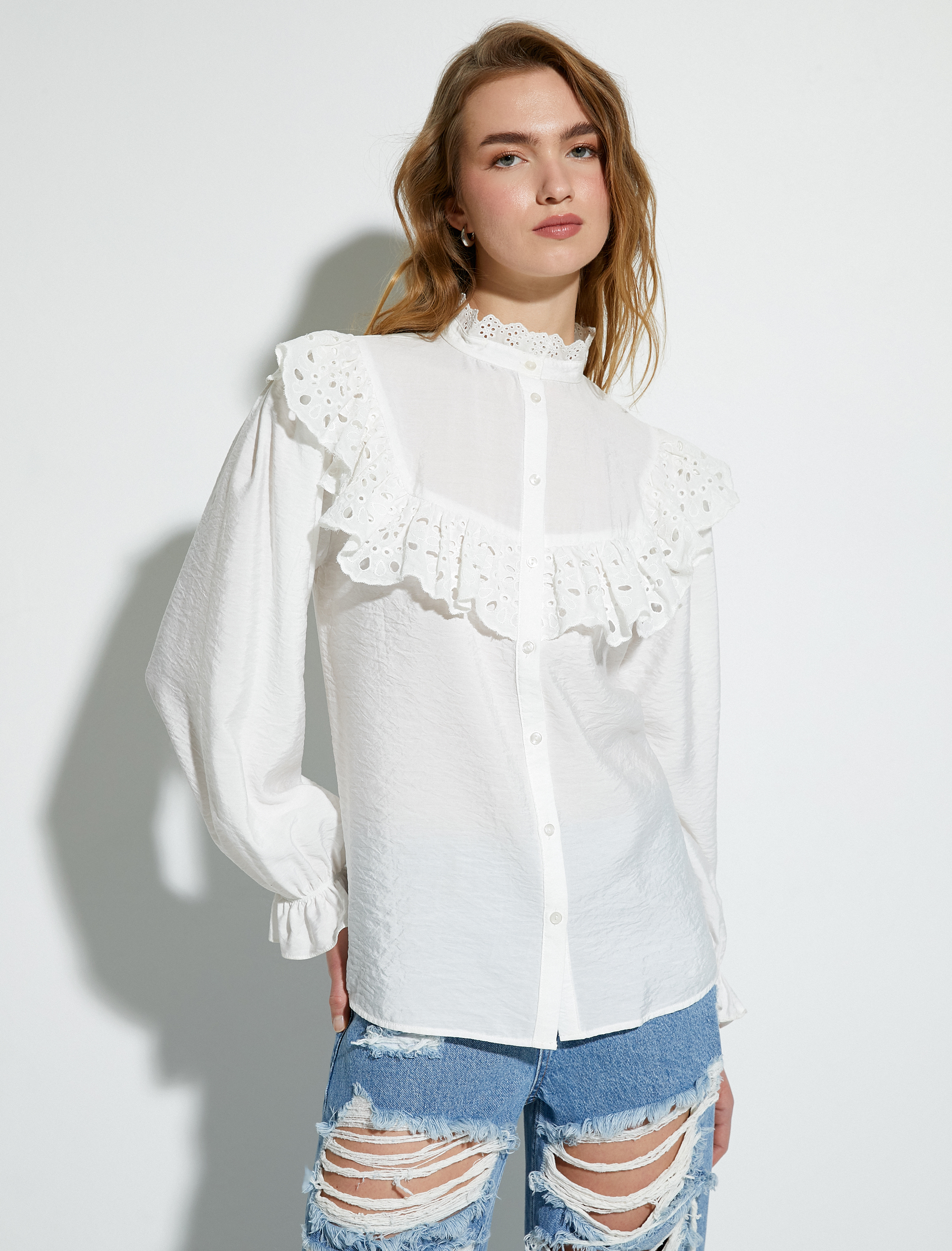   Balon Kol Gömlek Fisto Fırfırlı Hakim Yaka Düğmeli