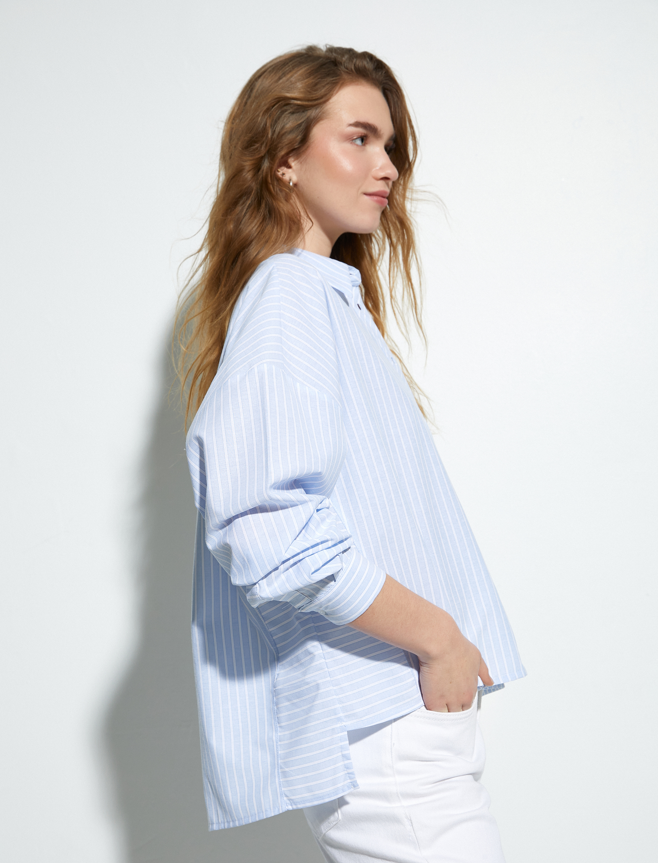   Oversize Poplin Gömlek Cep Detaylı Düğmeli Uzun Kollu