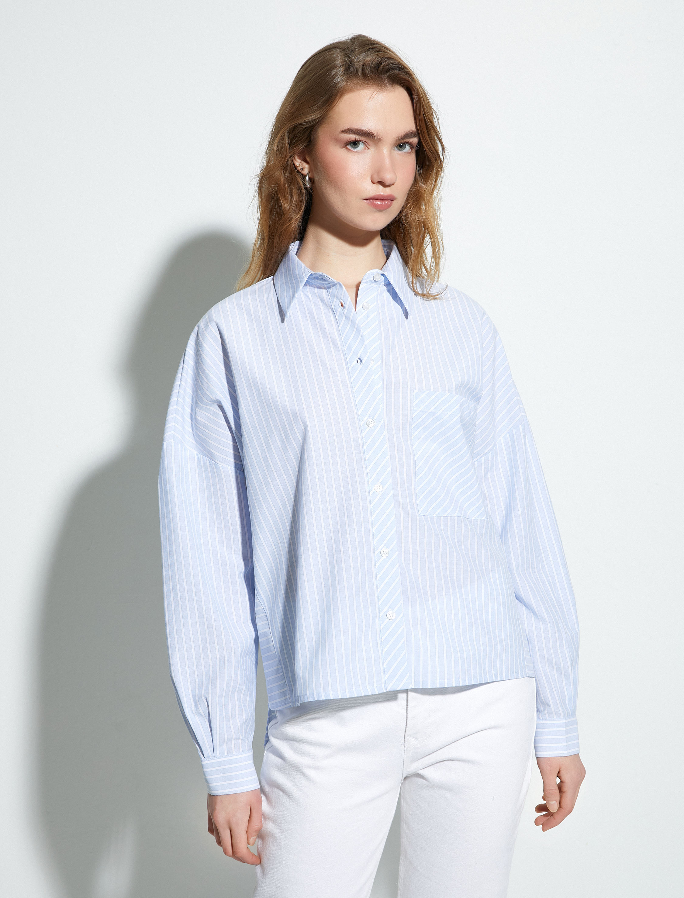   Oversize Poplin Gömlek Cep Detaylı Düğmeli Uzun Kollu