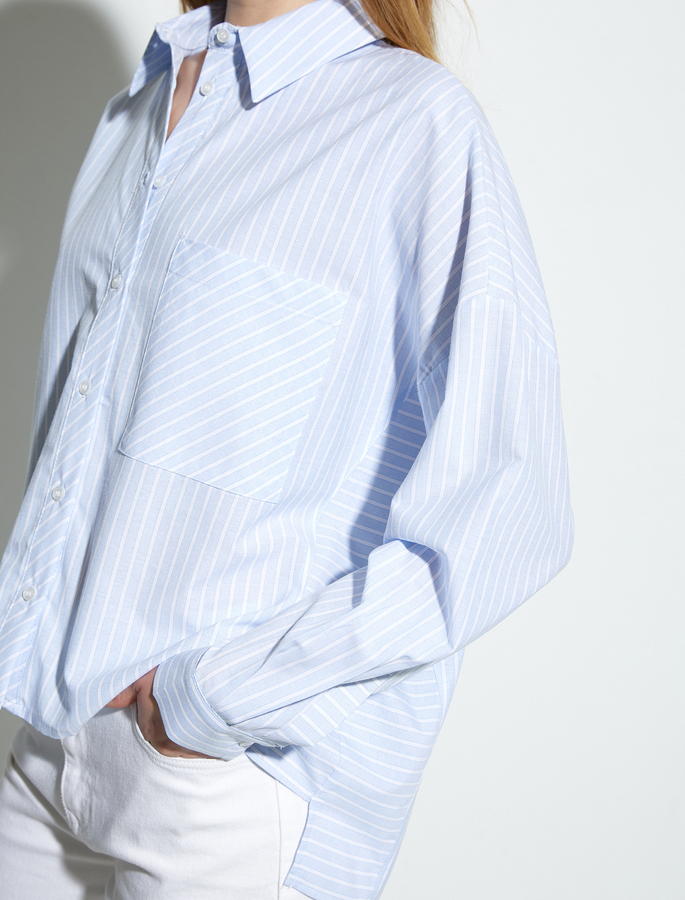   Oversize Poplin Gömlek Cep Detaylı Düğmeli Uzun Kollu