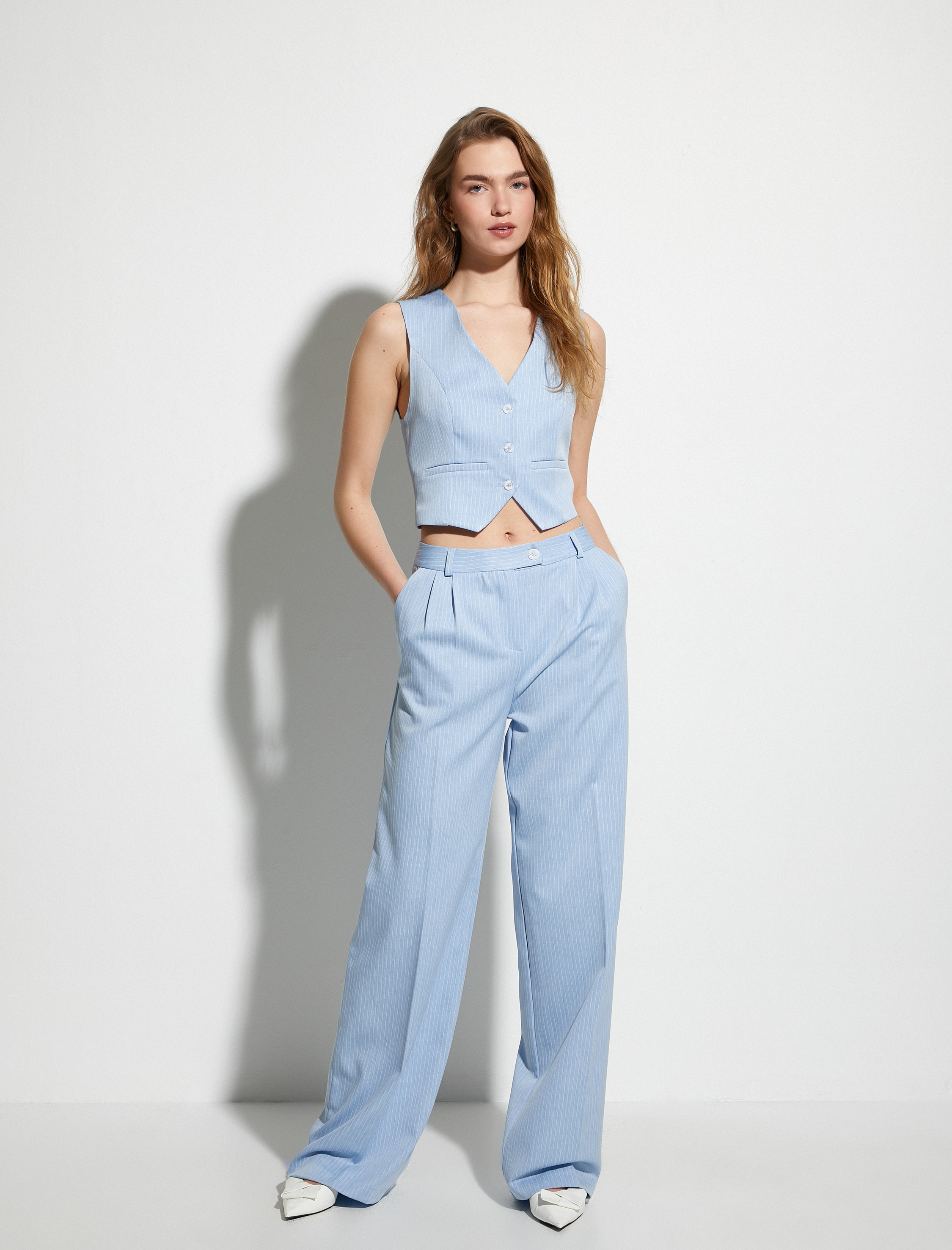   Palazzo Pantolon Normal Bel Cepli Düğmeli Plise Detaylı