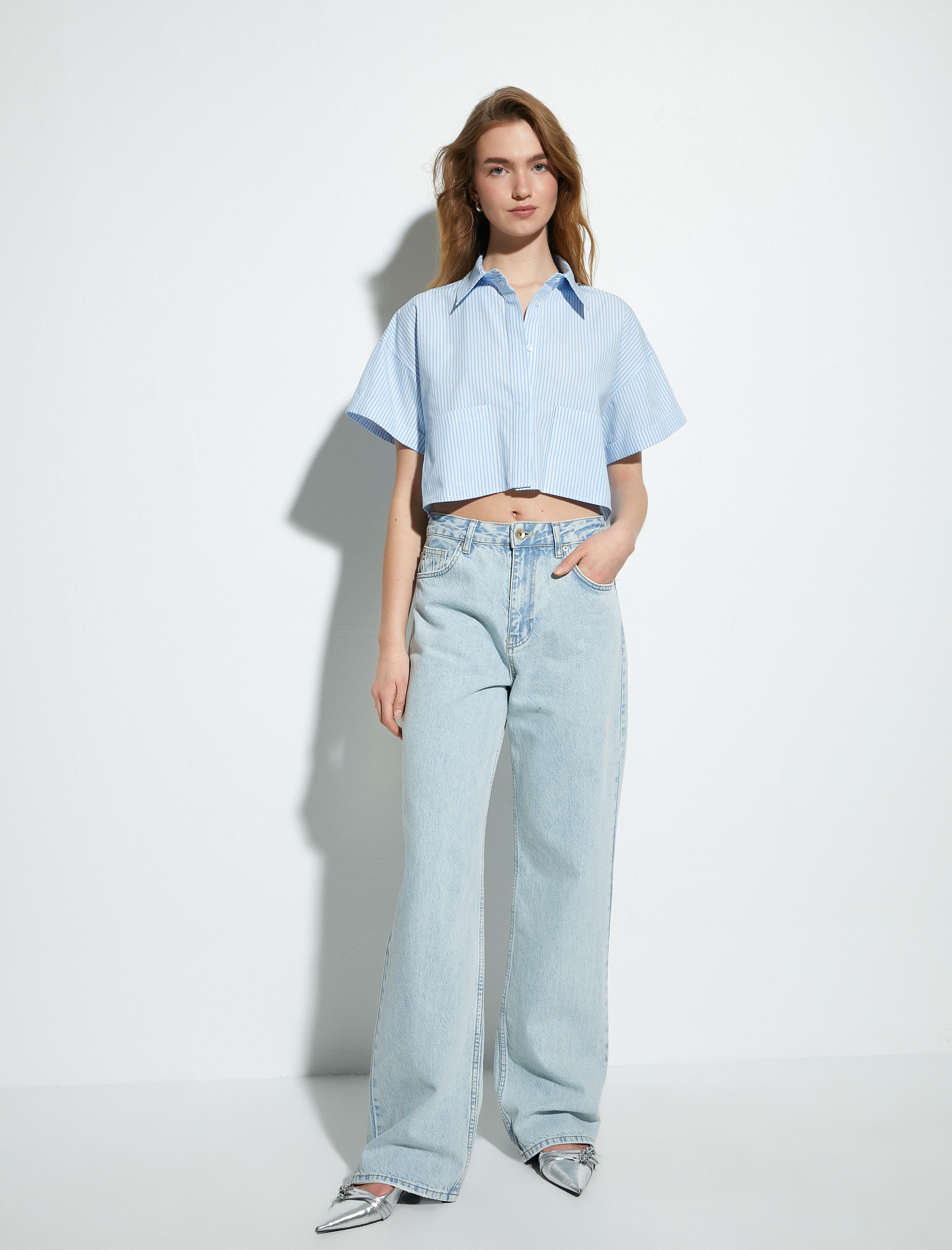   Crop Gömlek Kısa Kollu Kargo Cepli Düğmeli