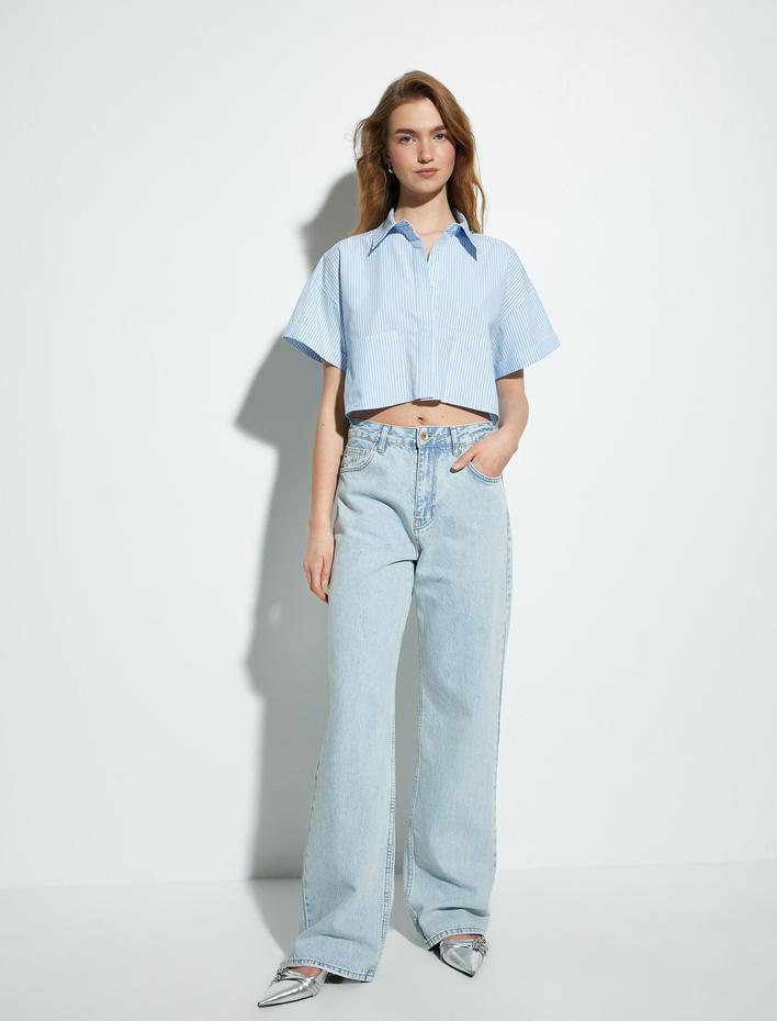  Crop Gömlek Kısa Kollu Kargo Cepli Düğmeli