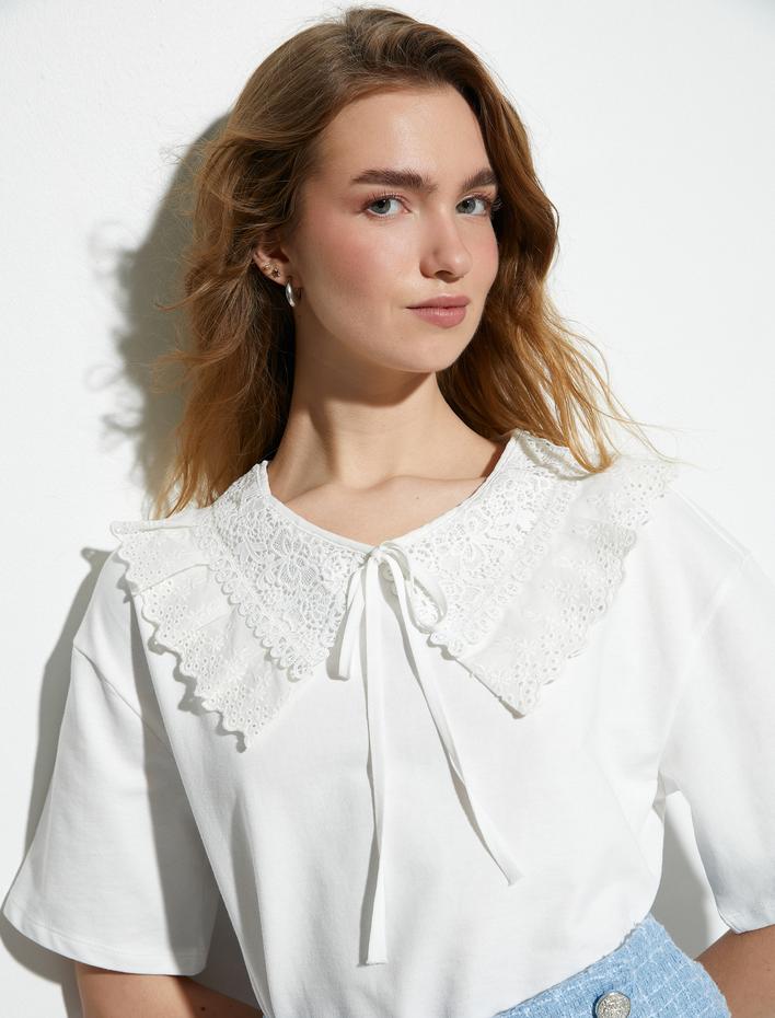  Dantelli Bebe Yaka Tişört Kısa Kollu