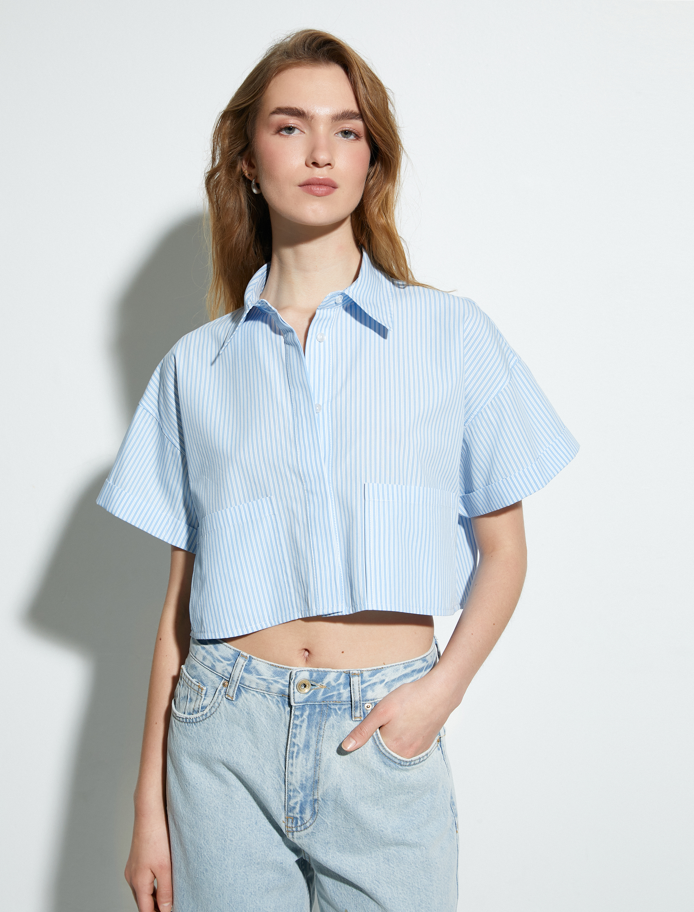   Crop Gömlek Kısa Kollu Kargo Cepli Düğmeli