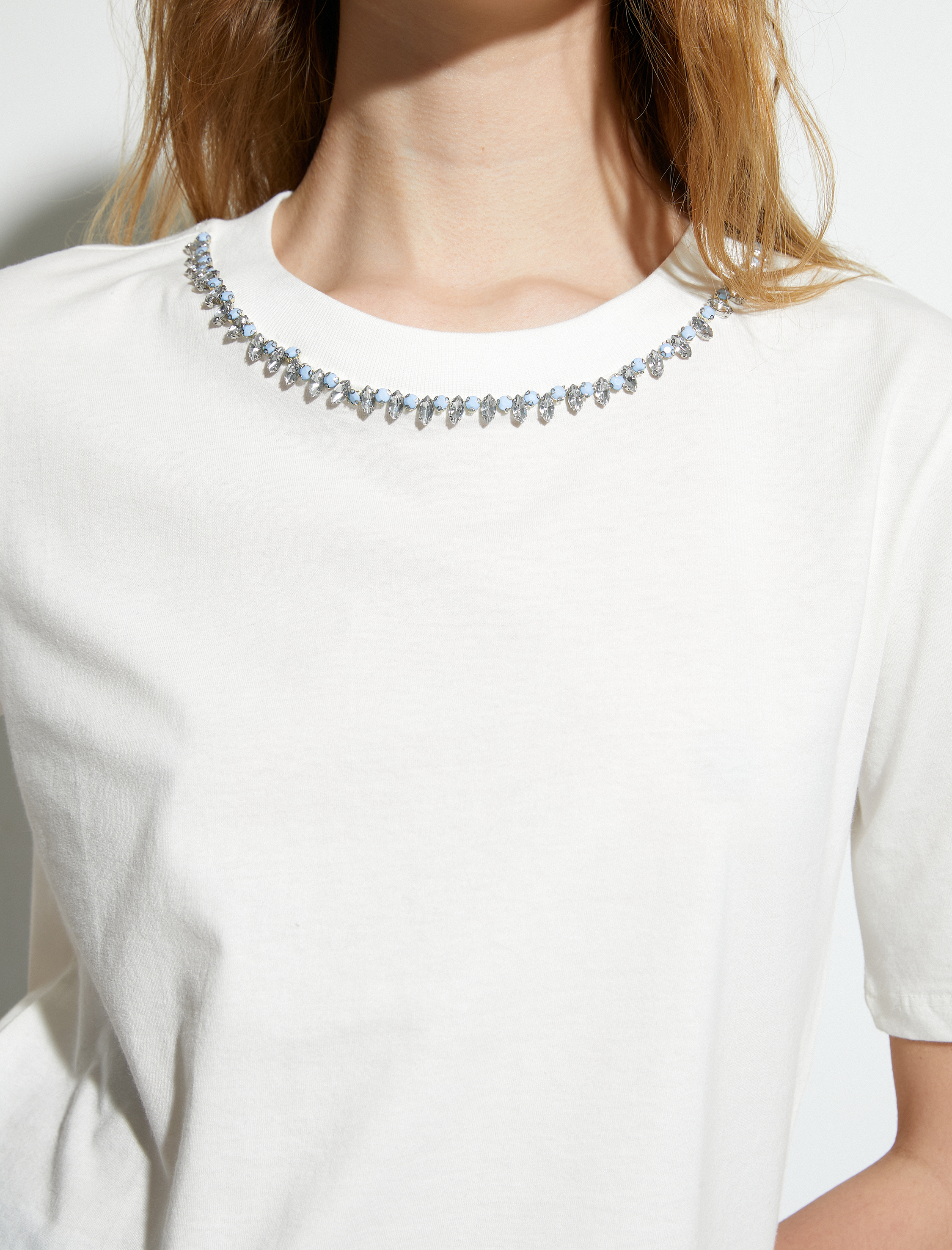   Parlak Taşlı Tişört Kısa Kollu Bisiklet Yaka Pamuklu