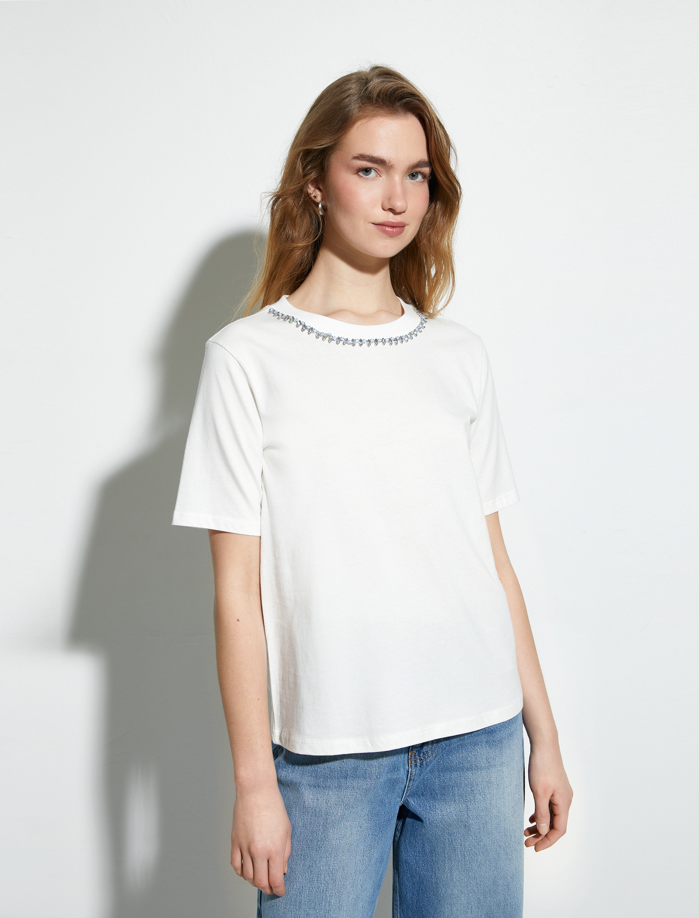   Parlak Taşlı Tişört Kısa Kollu Bisiklet Yaka Pamuklu