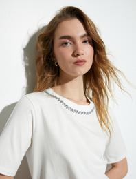 Parlak Taşlı Tişört Kısa Kollu Bisiklet Yaka Pamuklu