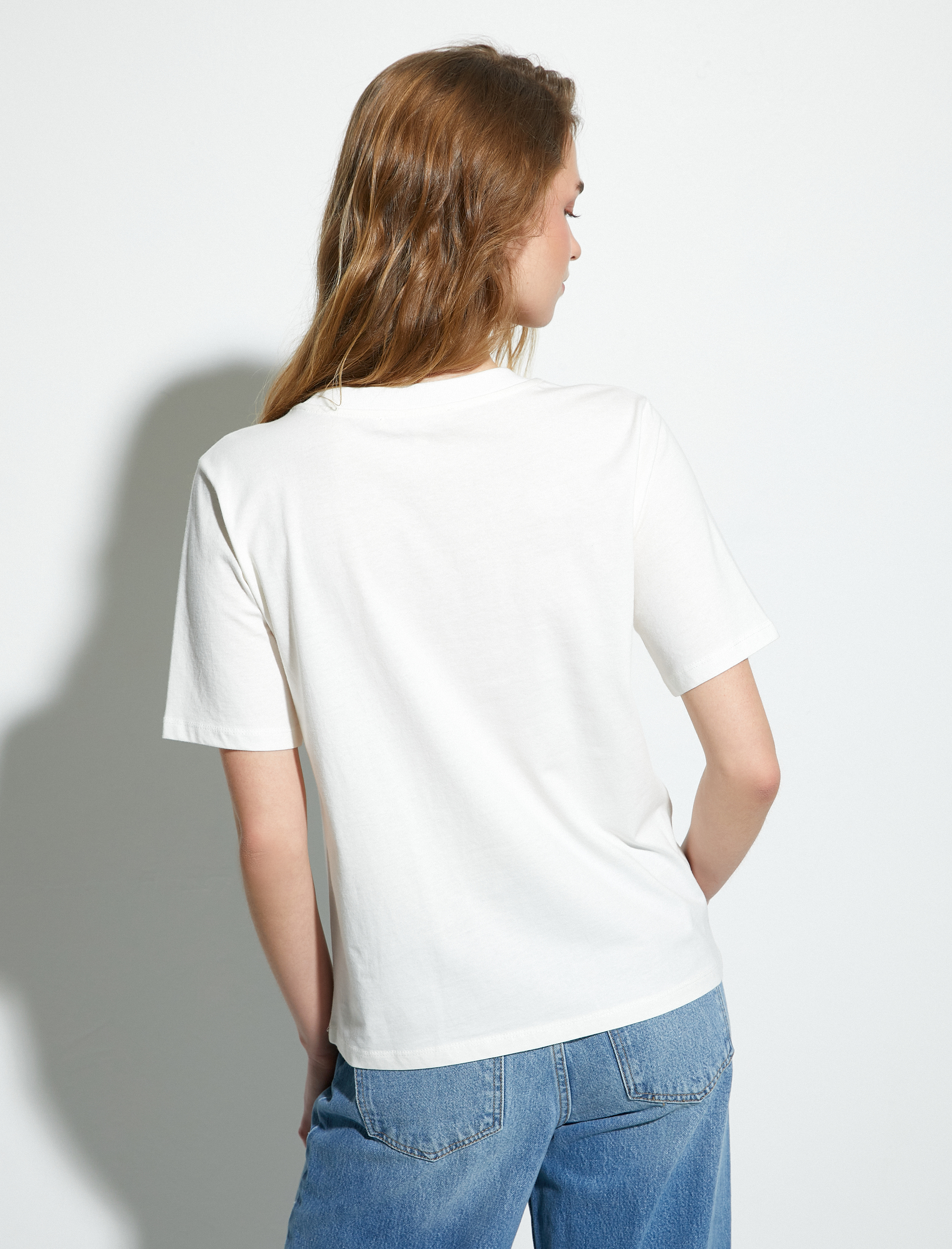   Parlak Taşlı Tişört Kısa Kollu Bisiklet Yaka Pamuklu