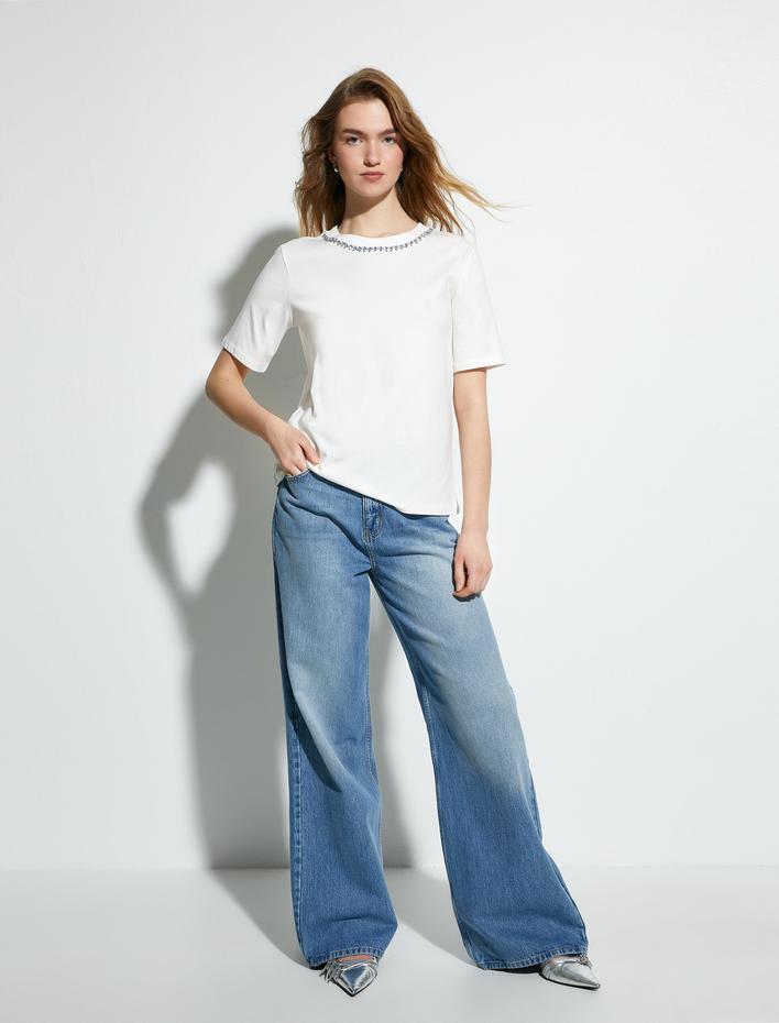  Parlak Taşlı Tişört Kısa Kollu Bisiklet Yaka Pamuklu