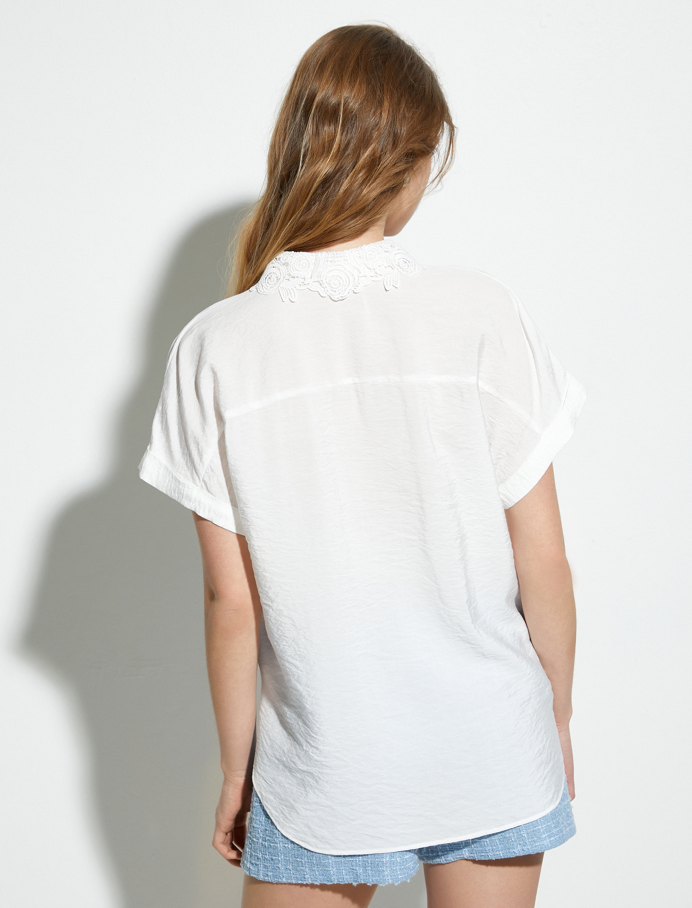   Kısa Kollu Gömlek Dantel Yaka Viskon Karışımlı