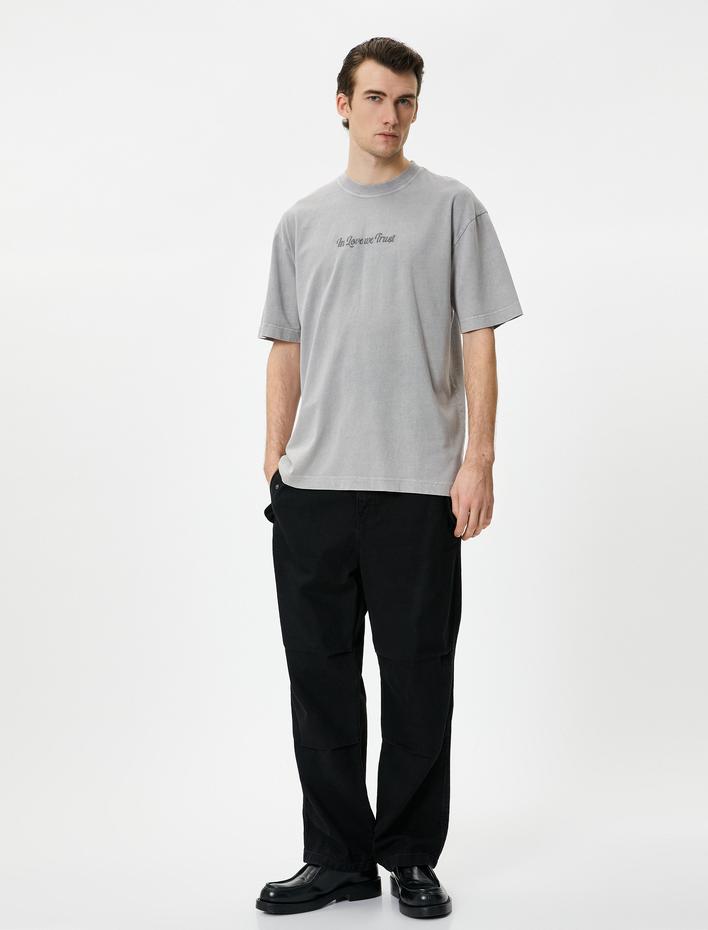  Yıkamalı Tişört Slogan İşlemeli Bisiklet Yaka Kısa Kollu