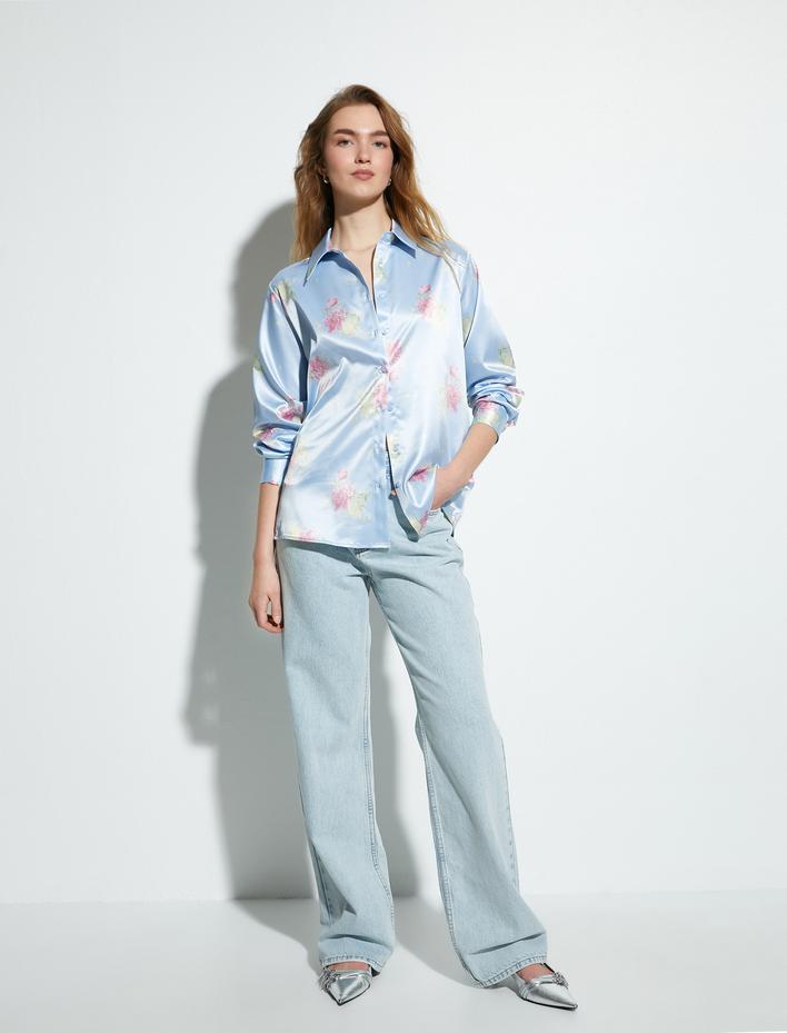  Saten Çiçekli Gömlek Düğmeli Uzun Kollu