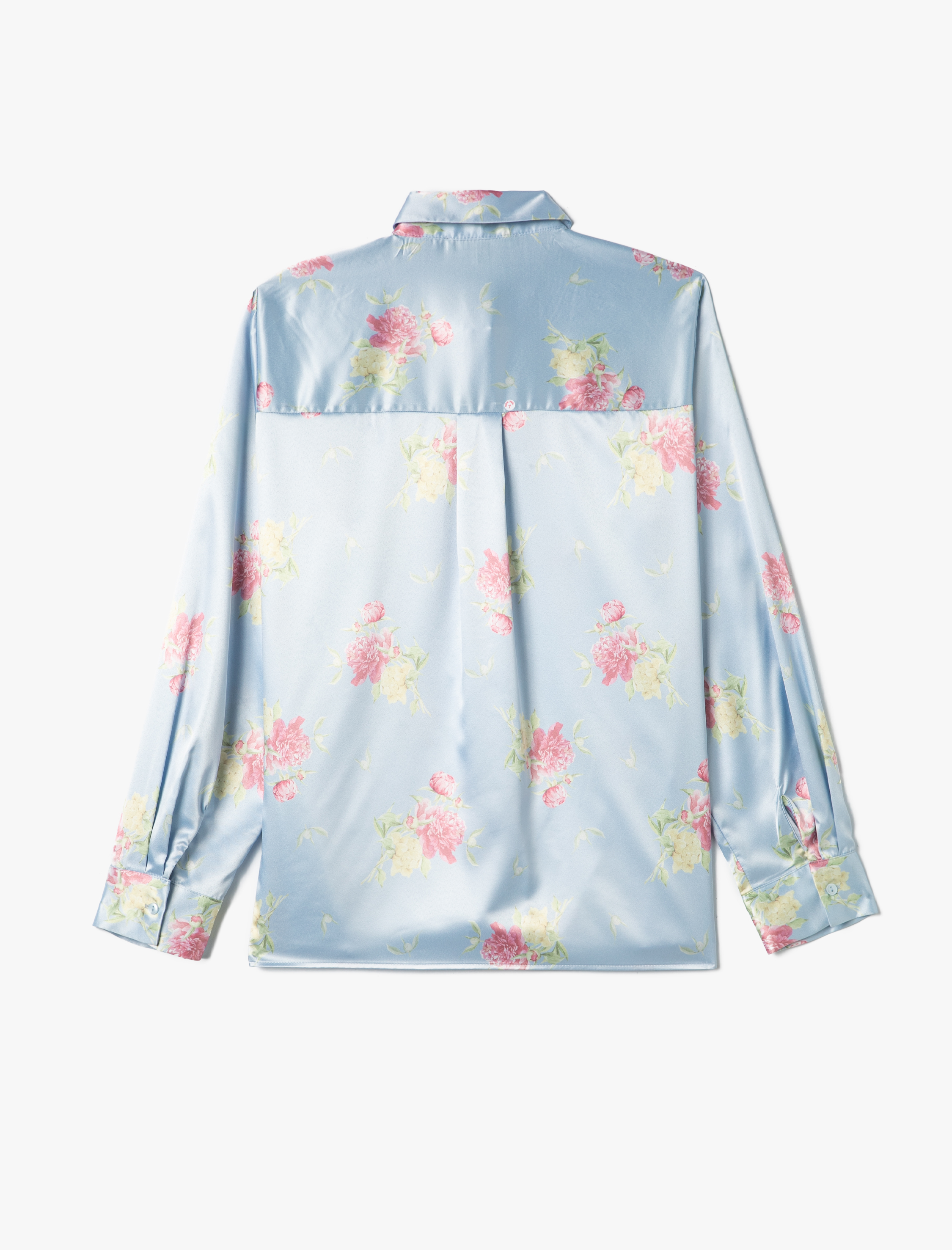   Saten Çiçekli Gömlek Düğmeli Uzun Kollu