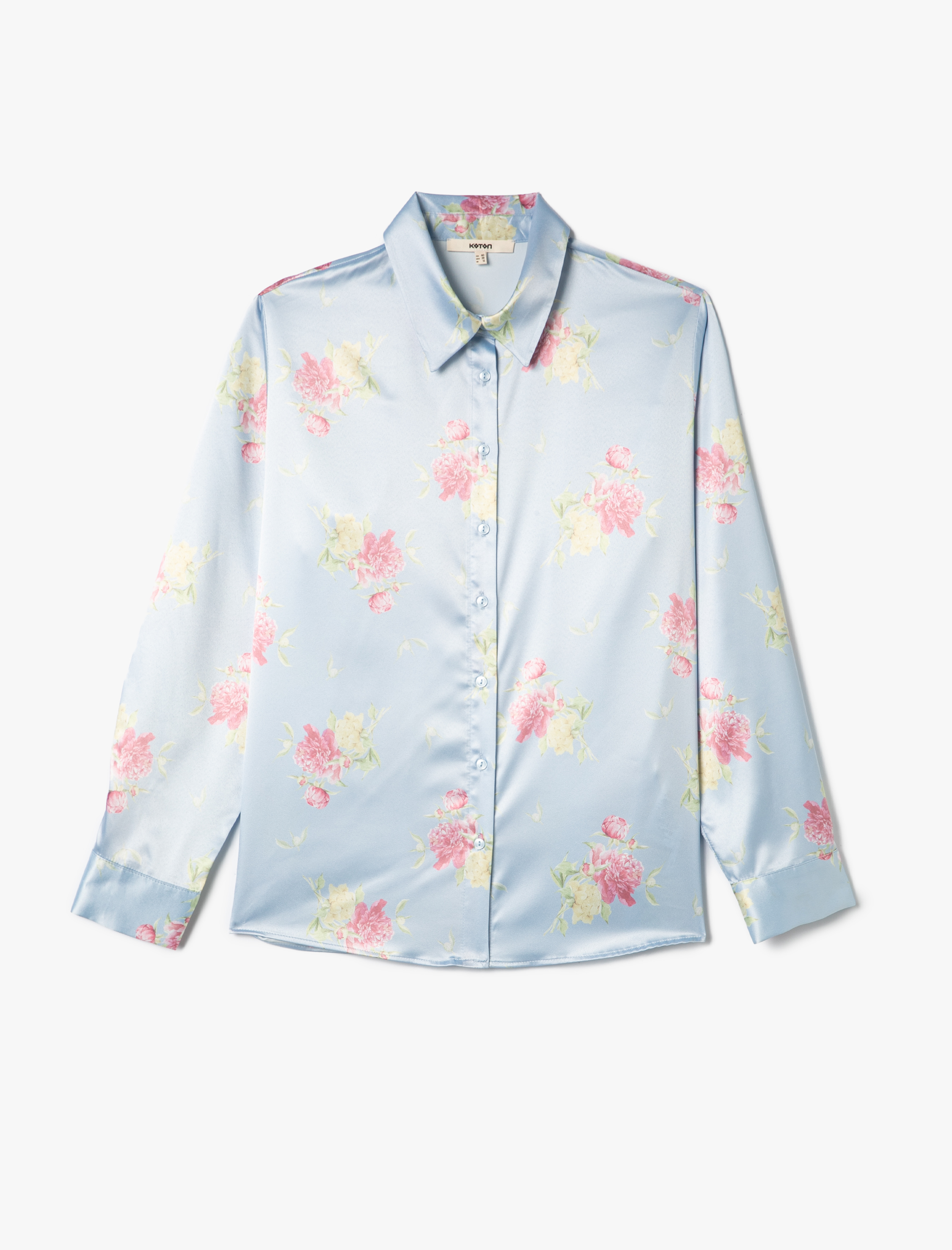   Saten Çiçekli Gömlek Düğmeli Uzun Kollu