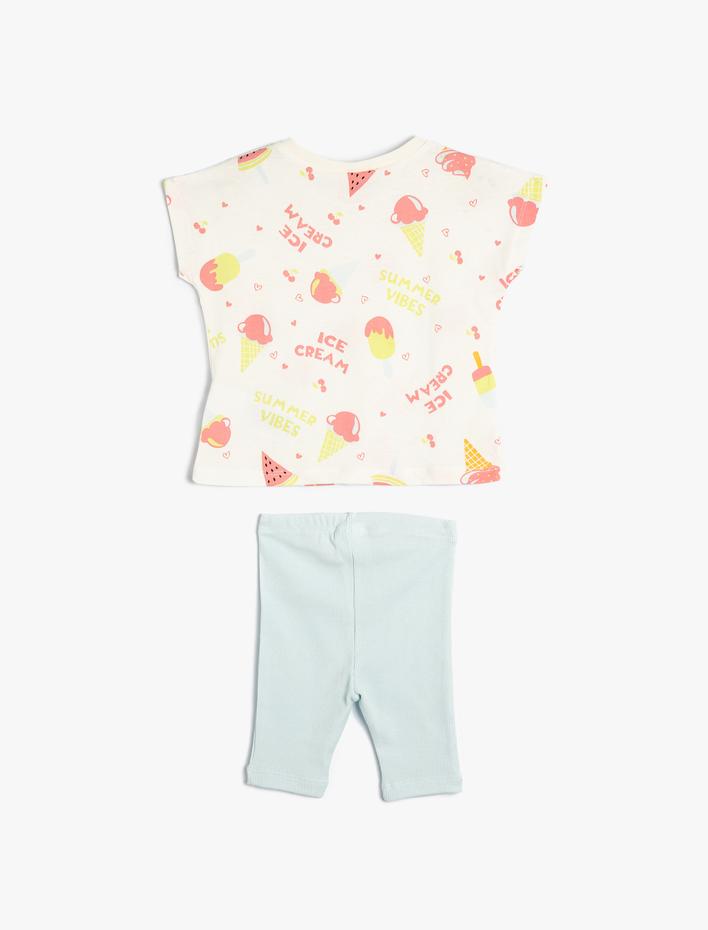 Kız Bebek 2'li Takım Tayt Tişört Dondurma Baskılı Pamuklu