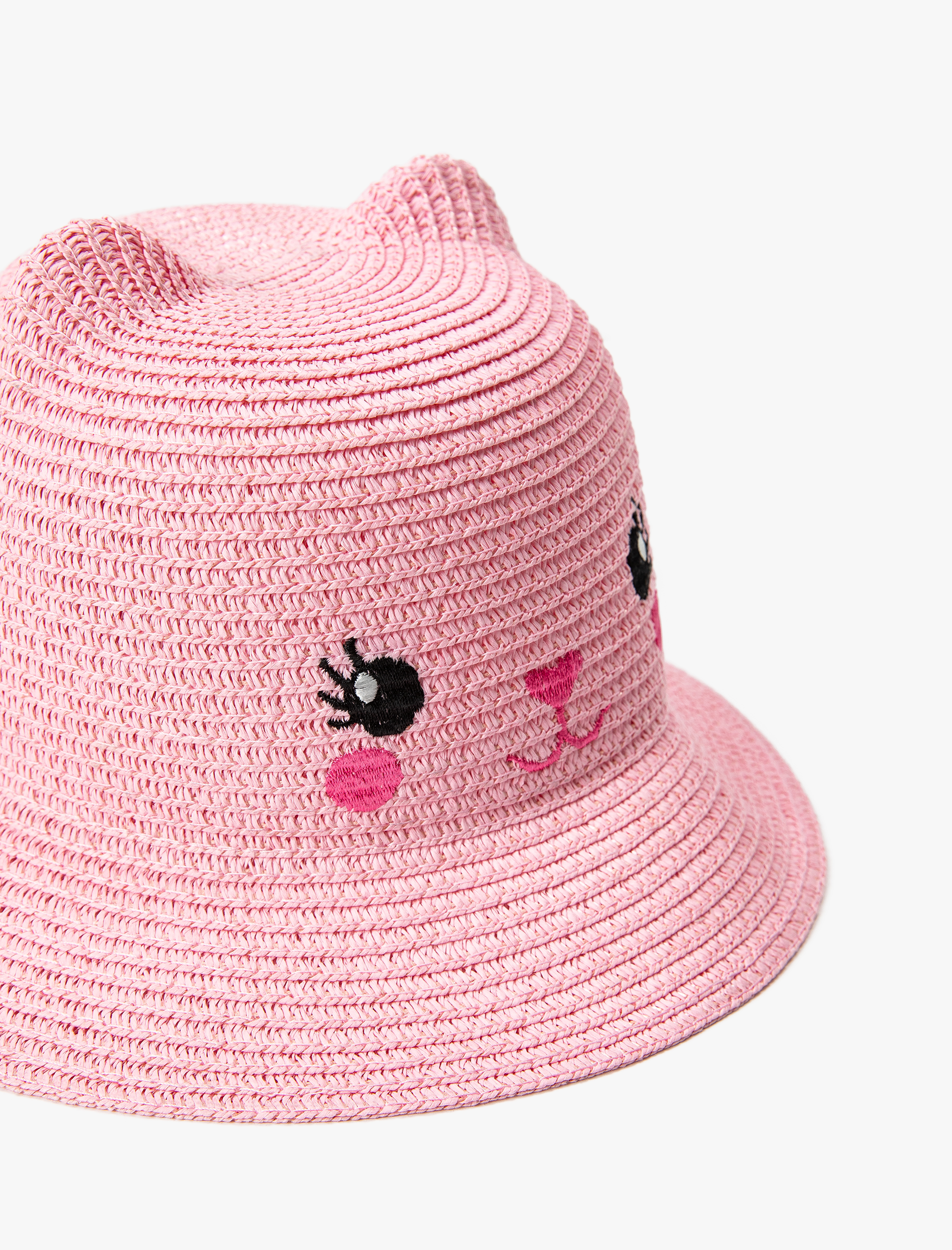  Kız Çocuk Hasır Şapka İşlemeli Kabartmalı Kulak Detaylı