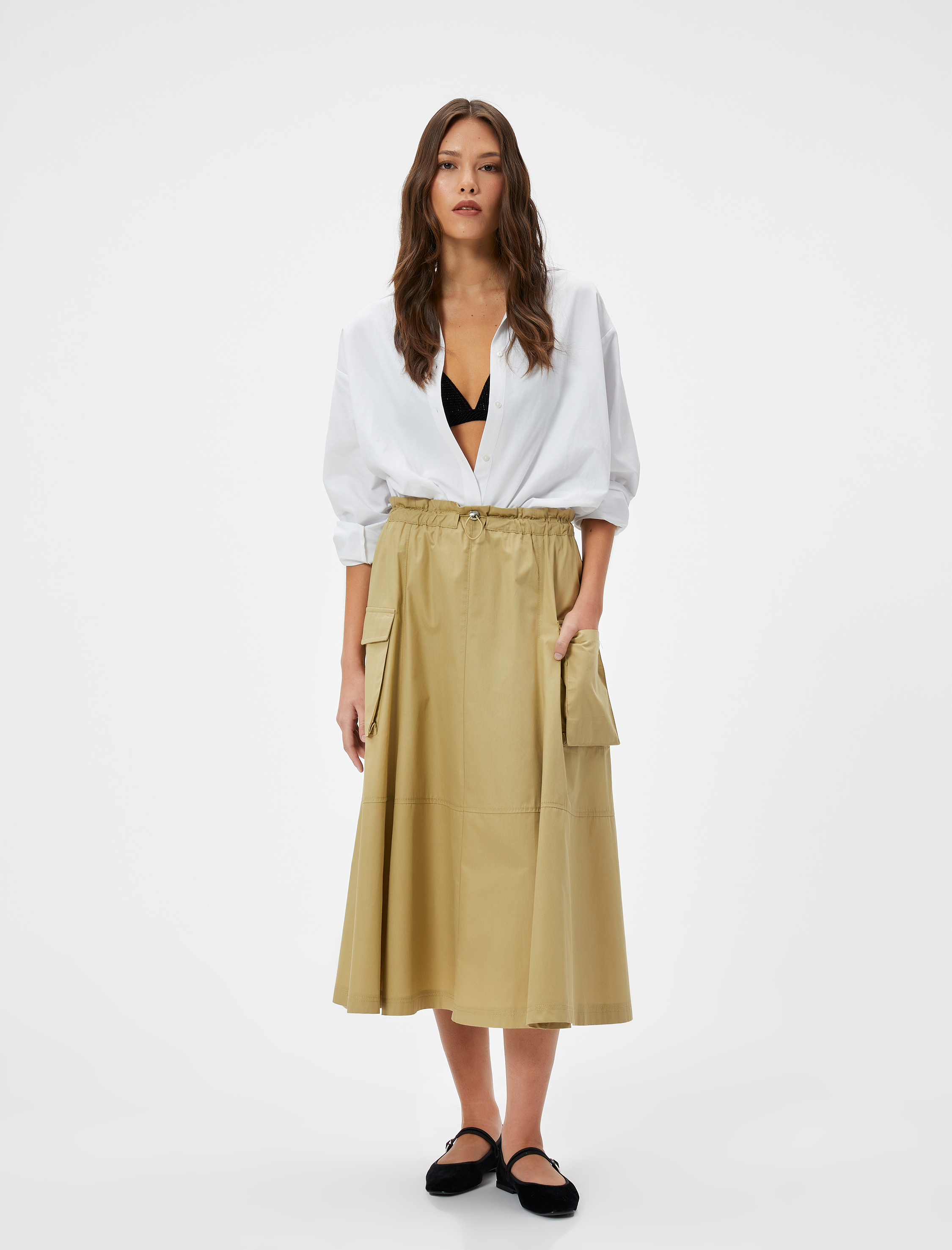   Midi Paraşüt Etek Beli Lastikli Stoper Detaylı Pamuklu Poplin