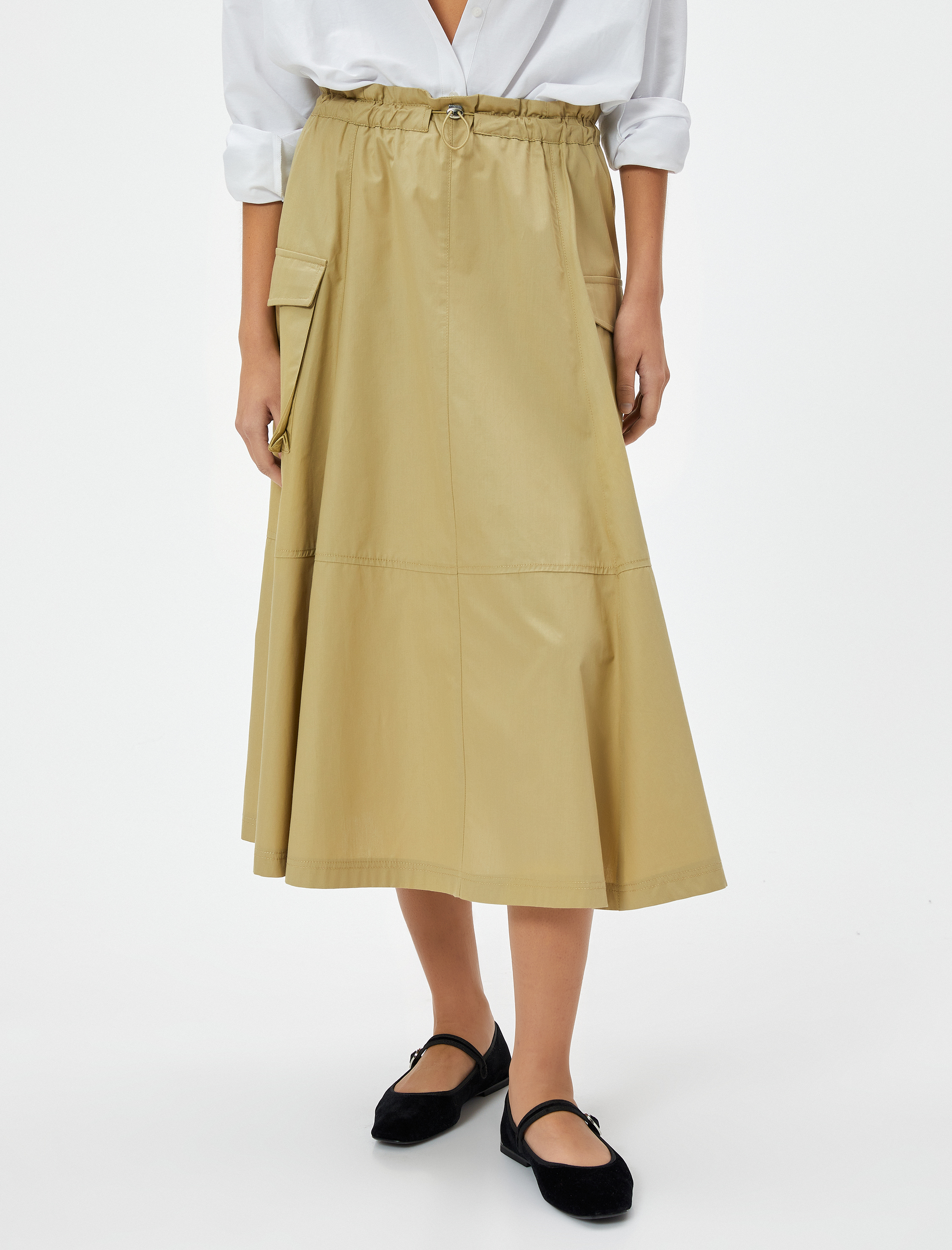   Midi Paraşüt Etek Beli Lastikli Stoper Detaylı Pamuklu Poplin
