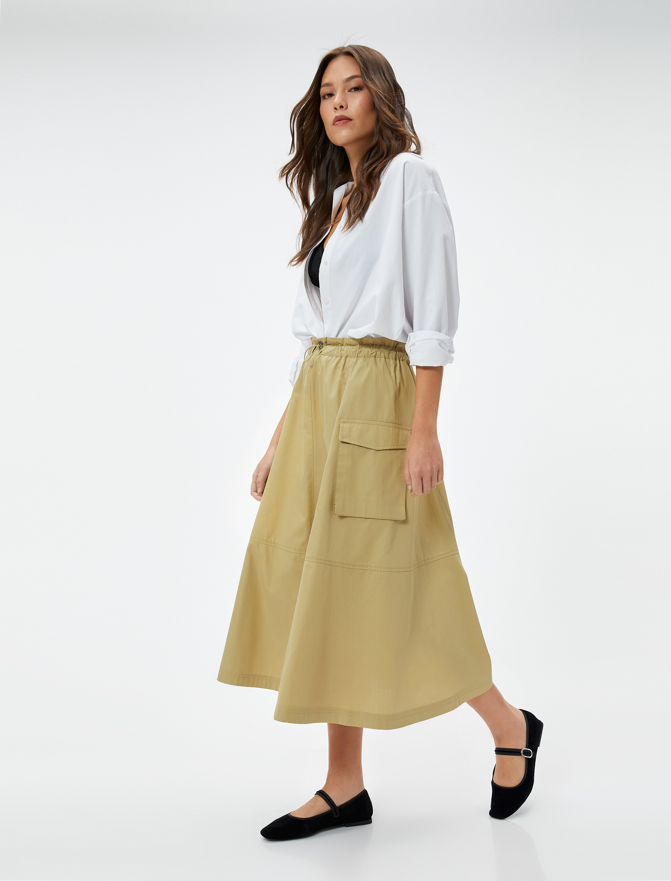   Midi Paraşüt Etek Beli Lastikli Stoper Detaylı Pamuklu Poplin