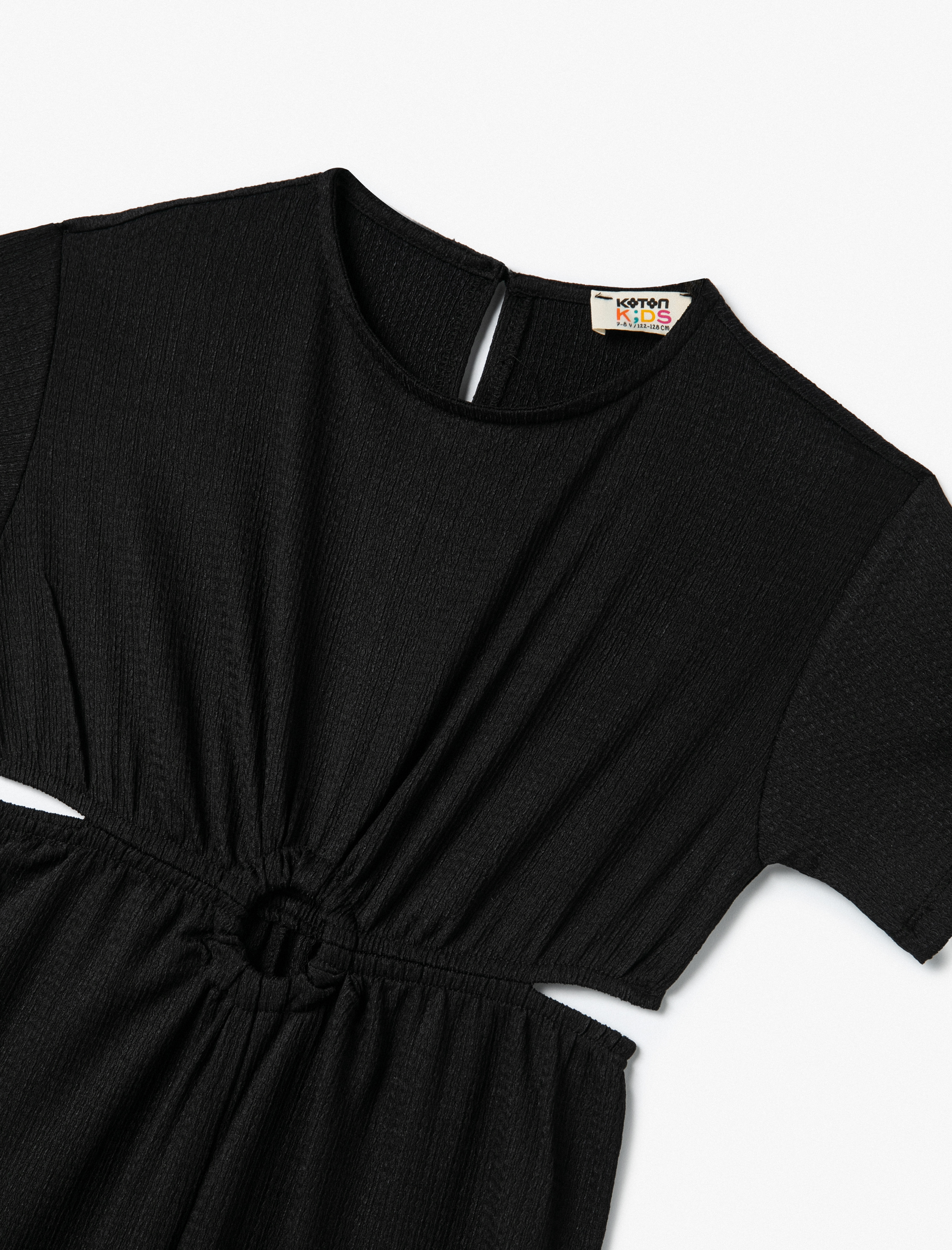  Kız Çocuk Tulum Pencere Detaylı Kısa Kollu Bisiklet Yaka