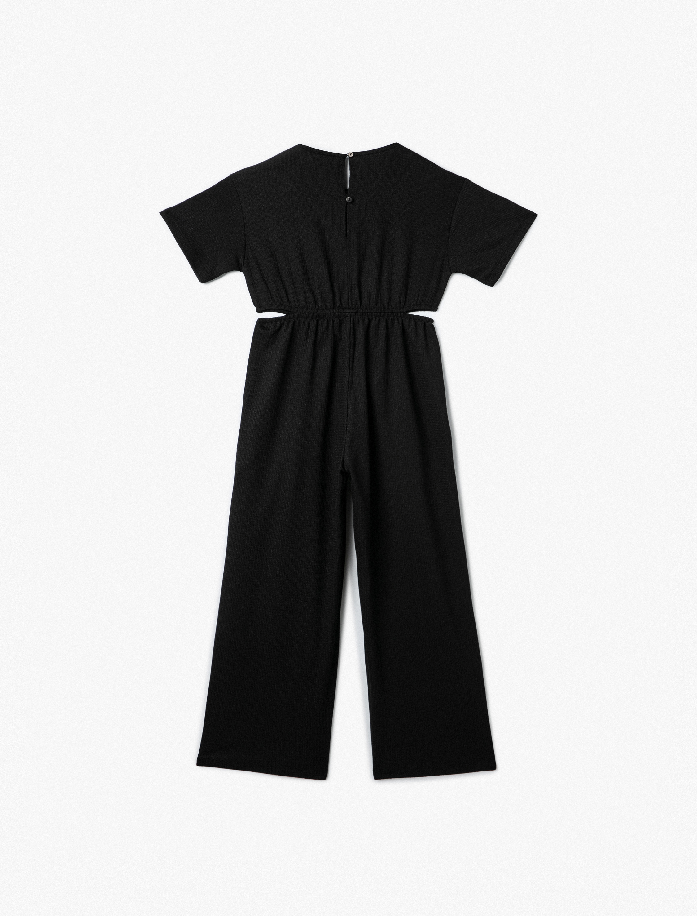  Kız Çocuk Tulum Pencere Detaylı Kısa Kollu Bisiklet Yaka