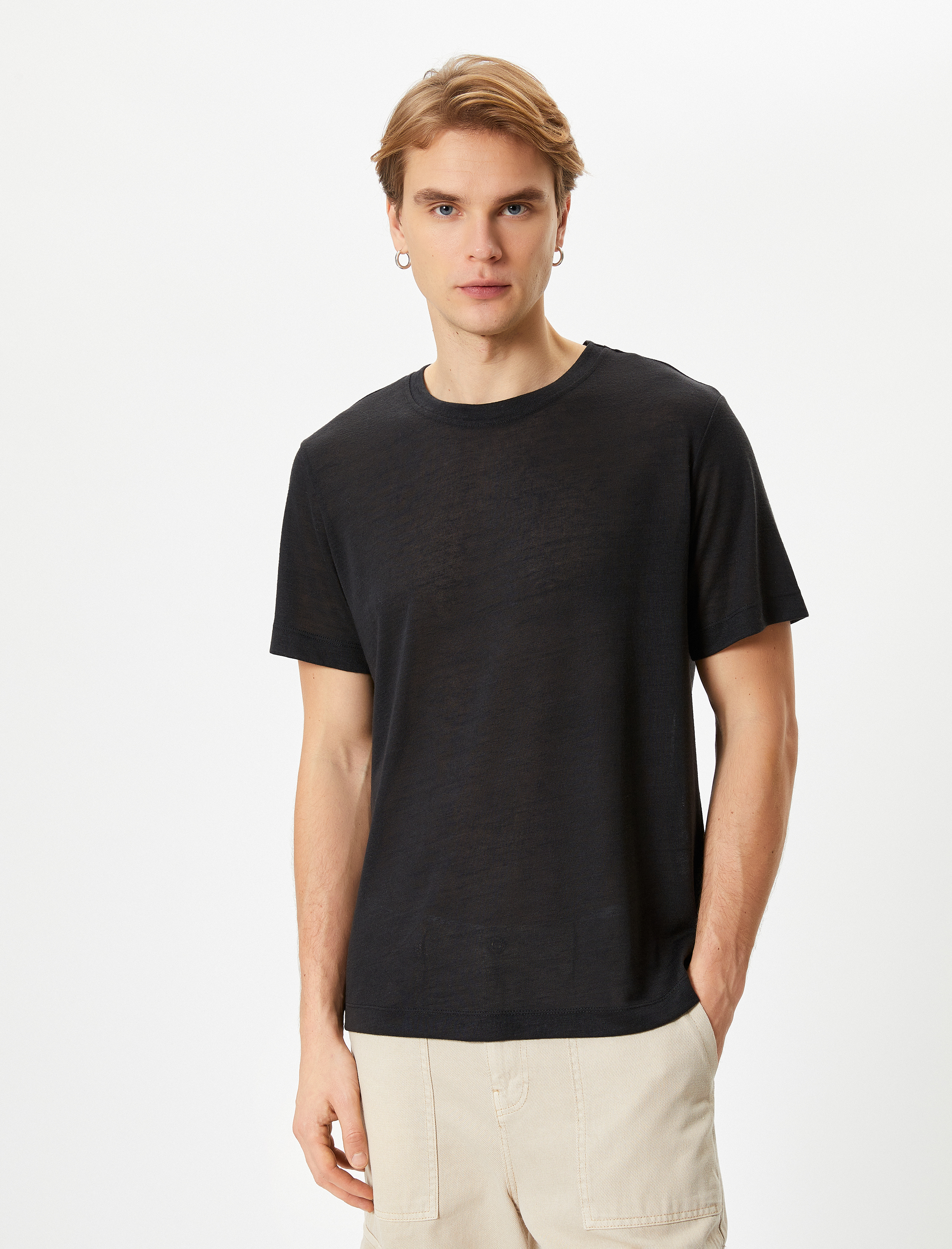   Bisiklet Yaka Tişört Kısa Kollu Dikiş Detaylı