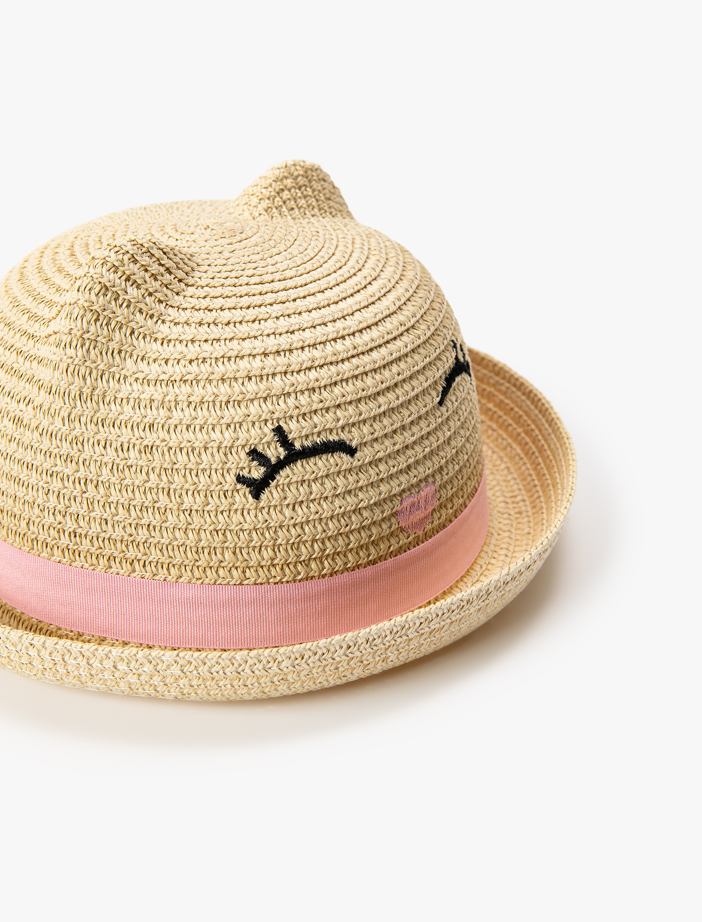  Kız Çocuk Hasır Şapka İşlemeli Kabartmalı Kulak Detaylı