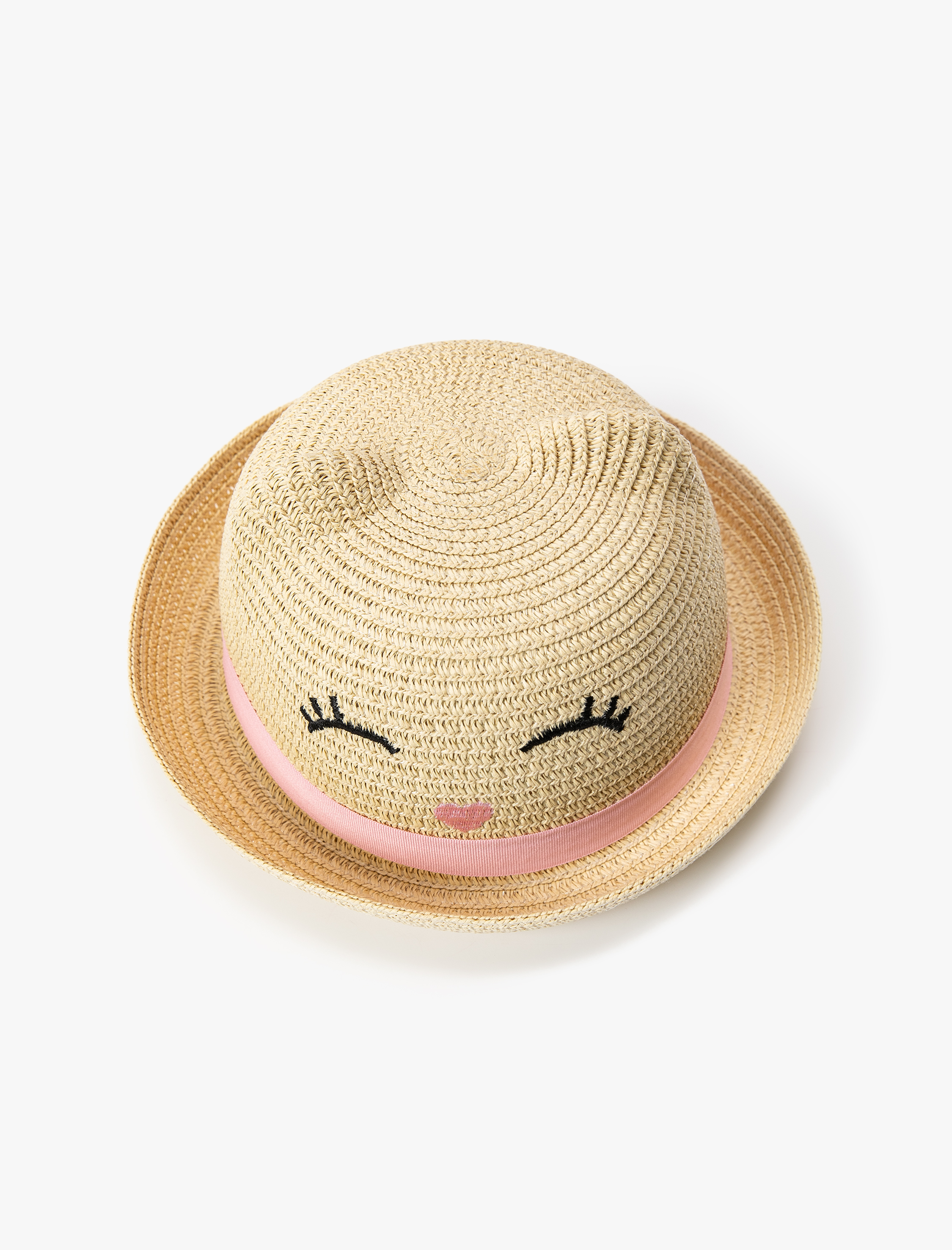  Kız Çocuk Hasır Şapka İşlemeli Kabartmalı Kulak Detaylı