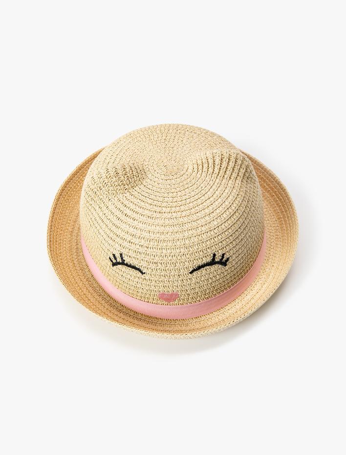 Kız Çocuk Hasır Şapka İşlemeli Kabartmalı Kulak Detaylı