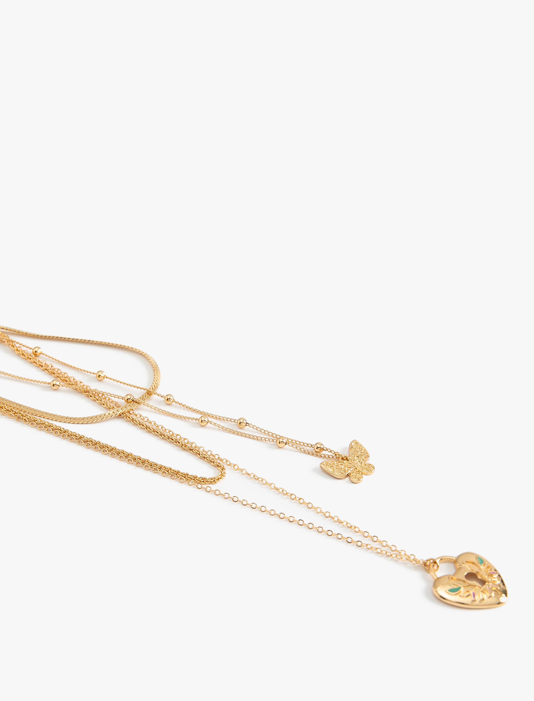  Kadın Kalpli Kelebekli Kolye Katlı Zincir