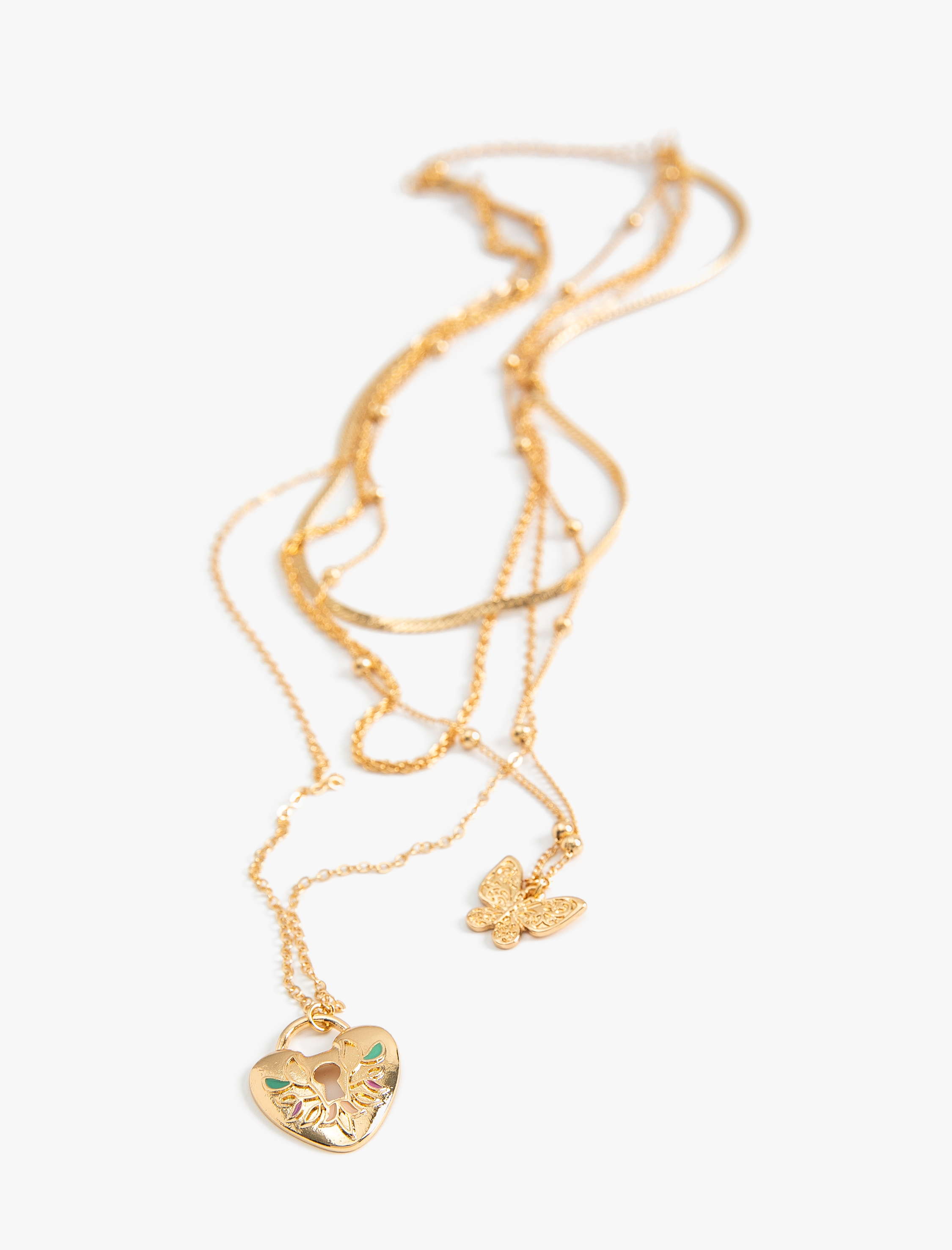  Kadın Kalpli Kelebekli Kolye Katlı Zincir