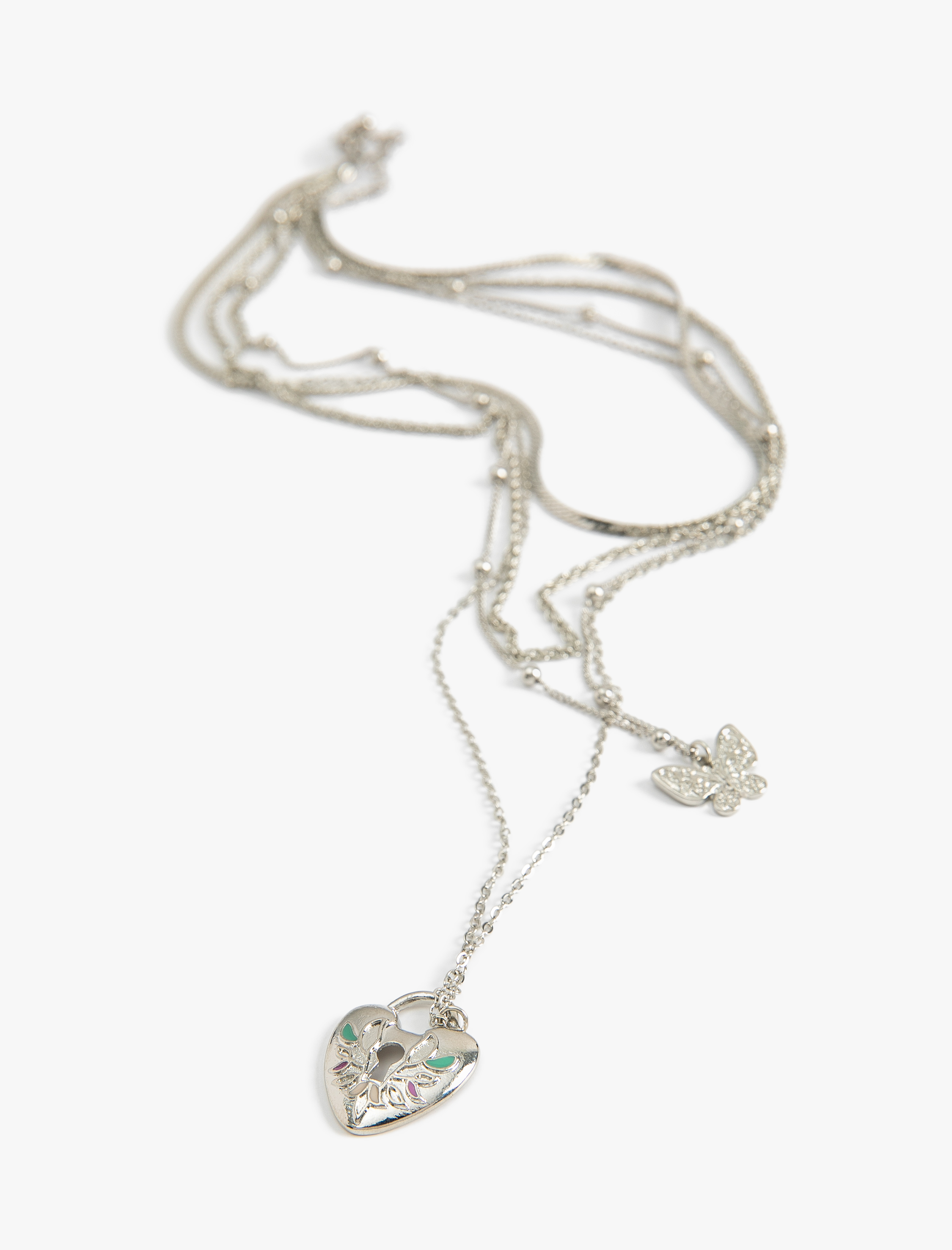  Kadın Kalpli Kelebekli Kolye Katlı Zincir