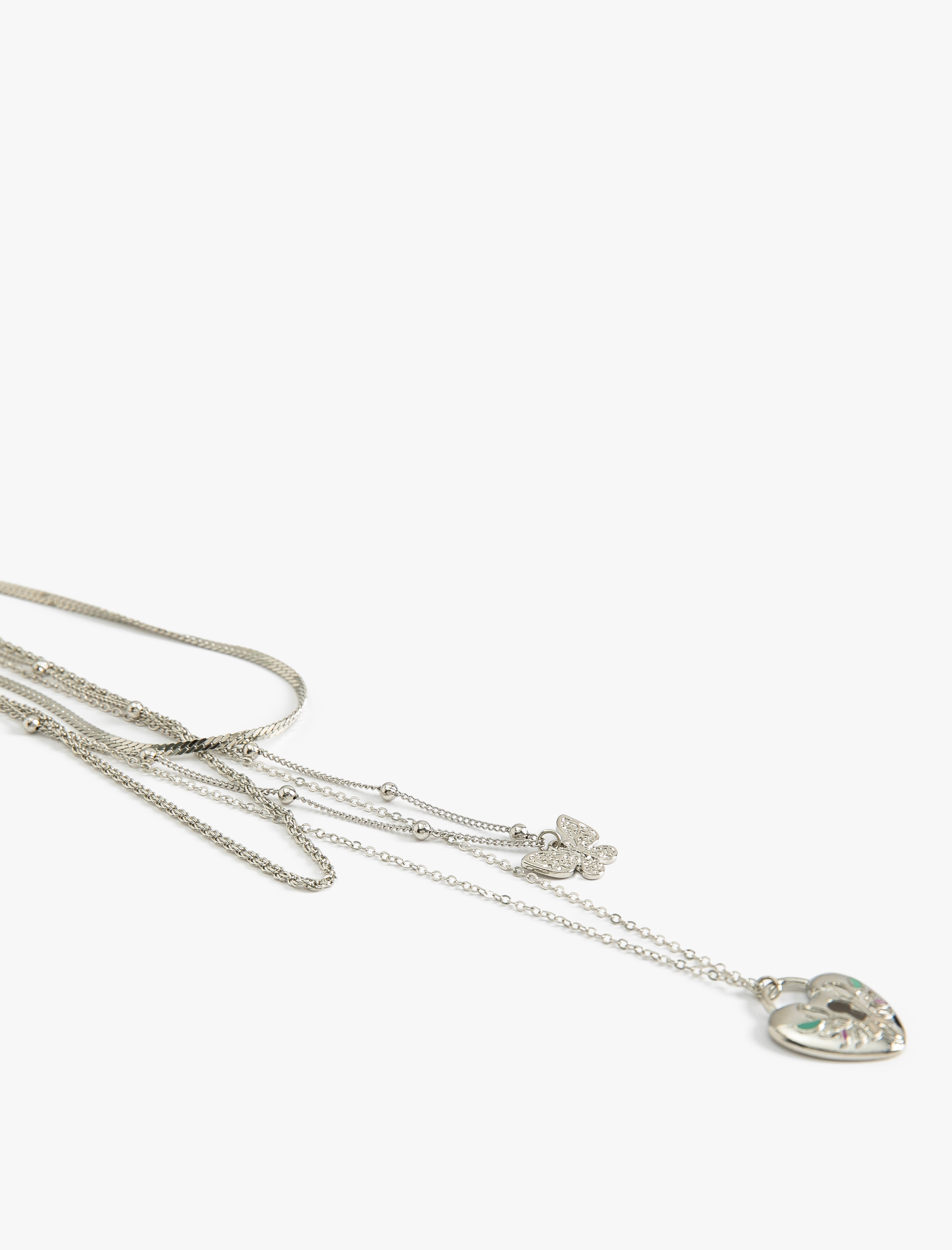  Kadın Kalpli Kelebekli Kolye Katlı Zincir