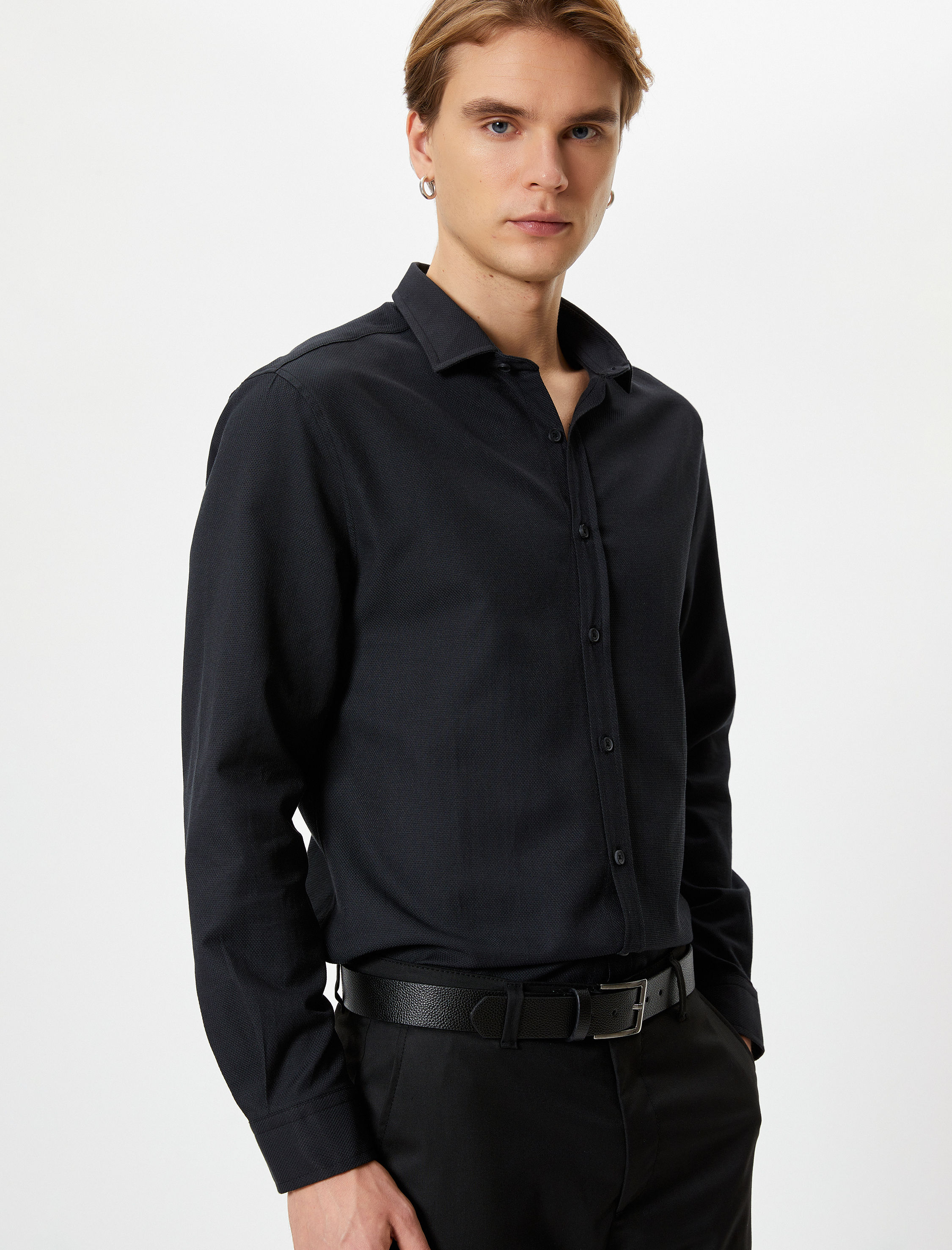   Slim Fit Gömlek Yarım İtalyan Yaka Uzun Kollu