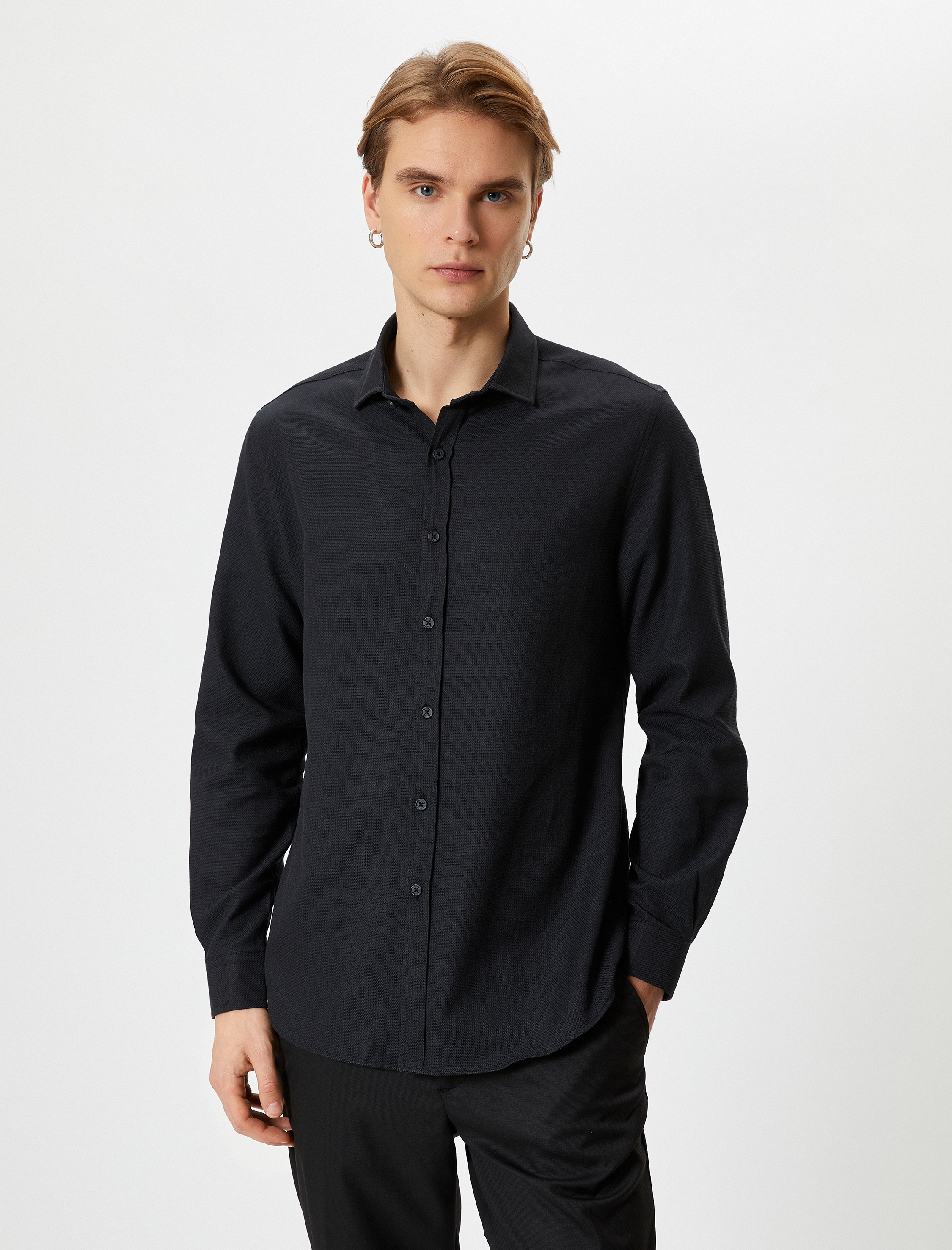   Slim Fit Gömlek Yarım İtalyan Yaka Uzun Kollu