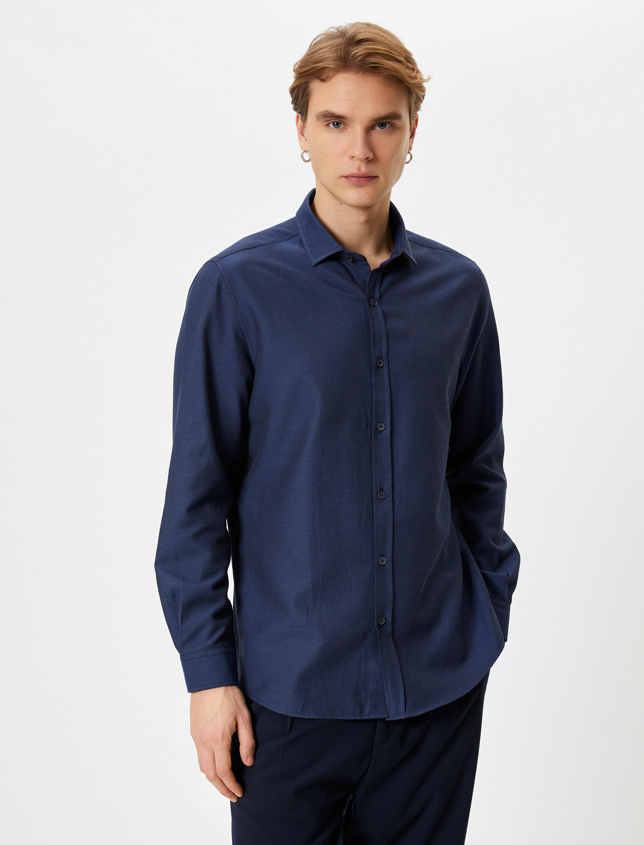   Slim Fit Gömlek Yarım İtalyan Yaka Uzun Kollu