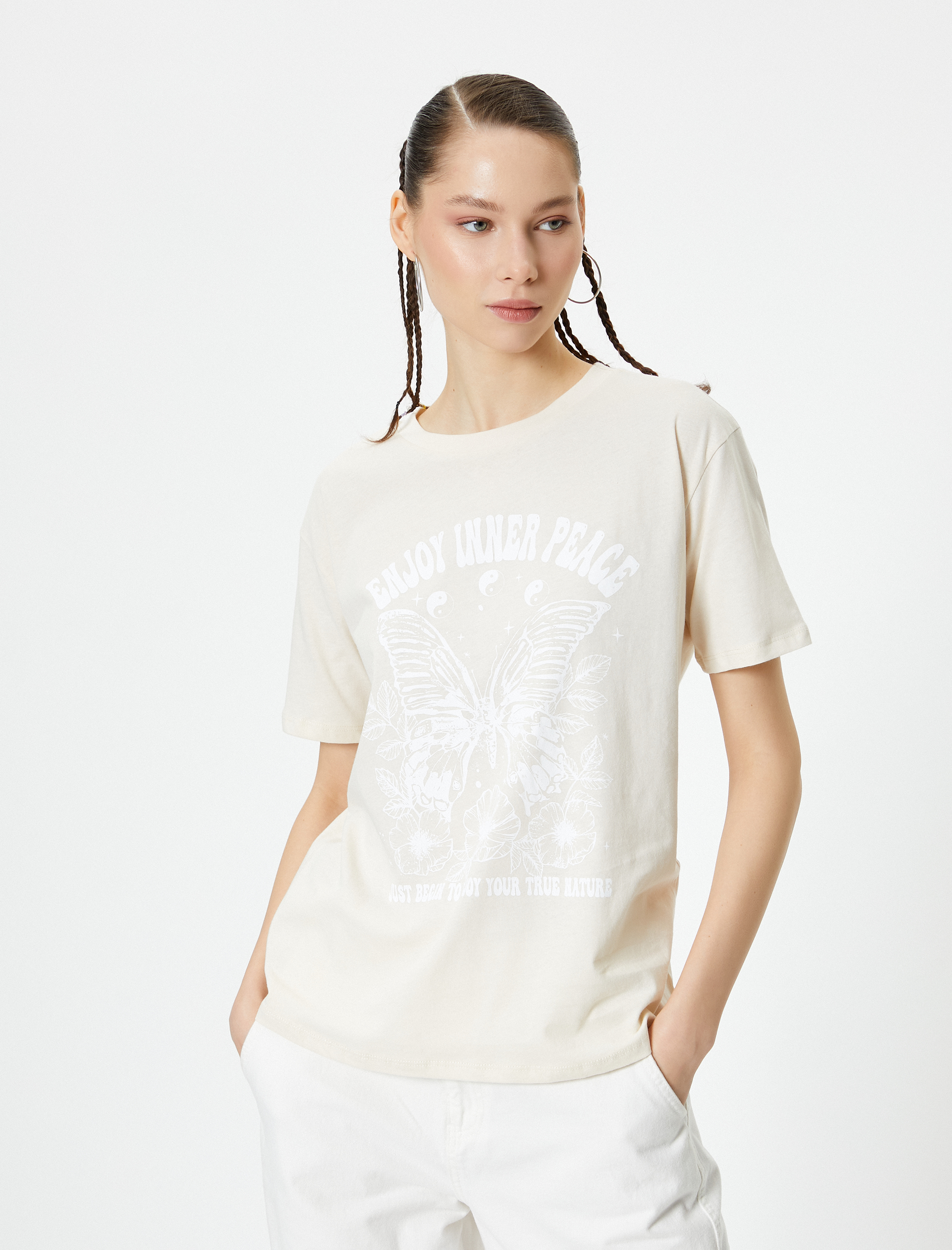   Rahat Kalıp Tişört Kısa Kollu Bisiklet Yaka Baskılı Pamuklu