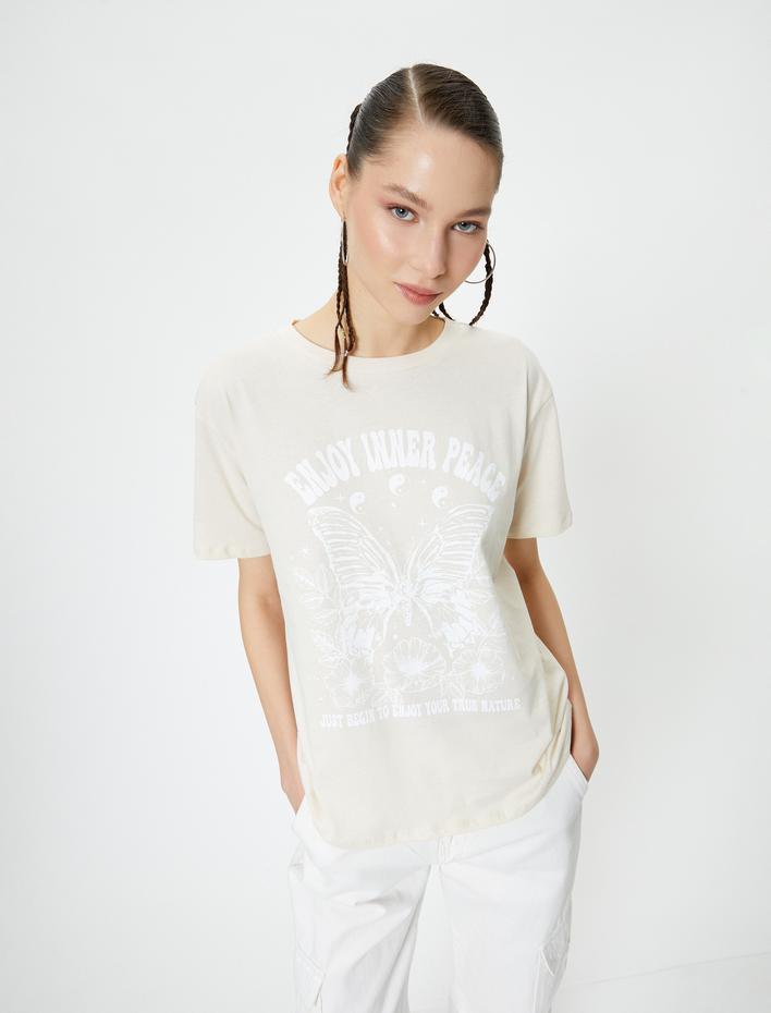  Rahat Kalıp Tişört Kısa Kollu Bisiklet Yaka Baskılı Pamuklu