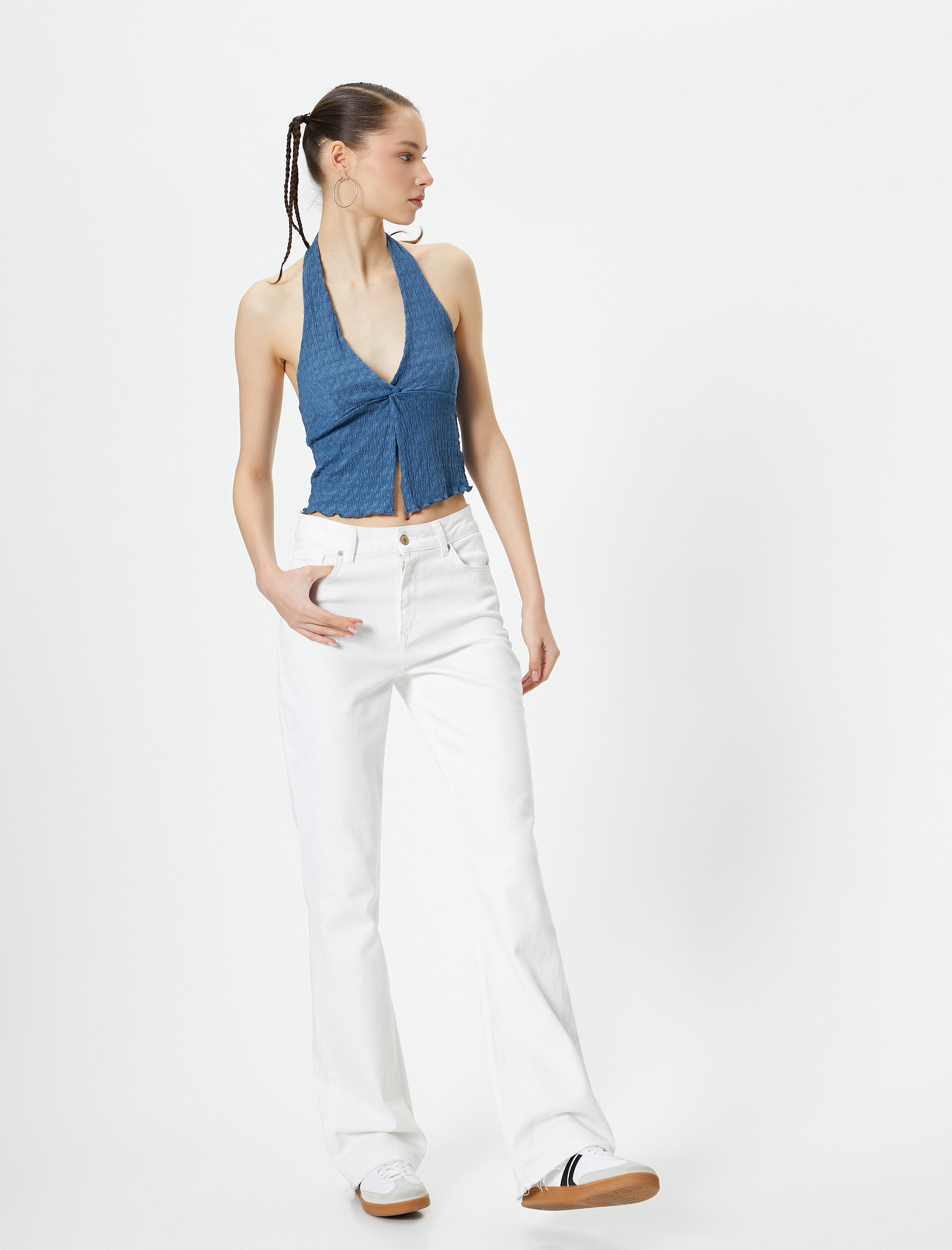   Crop Üst Sırt Dekolteli Boyundan Kalın Askılı Dokulu Derin V Yaka Bürümcük